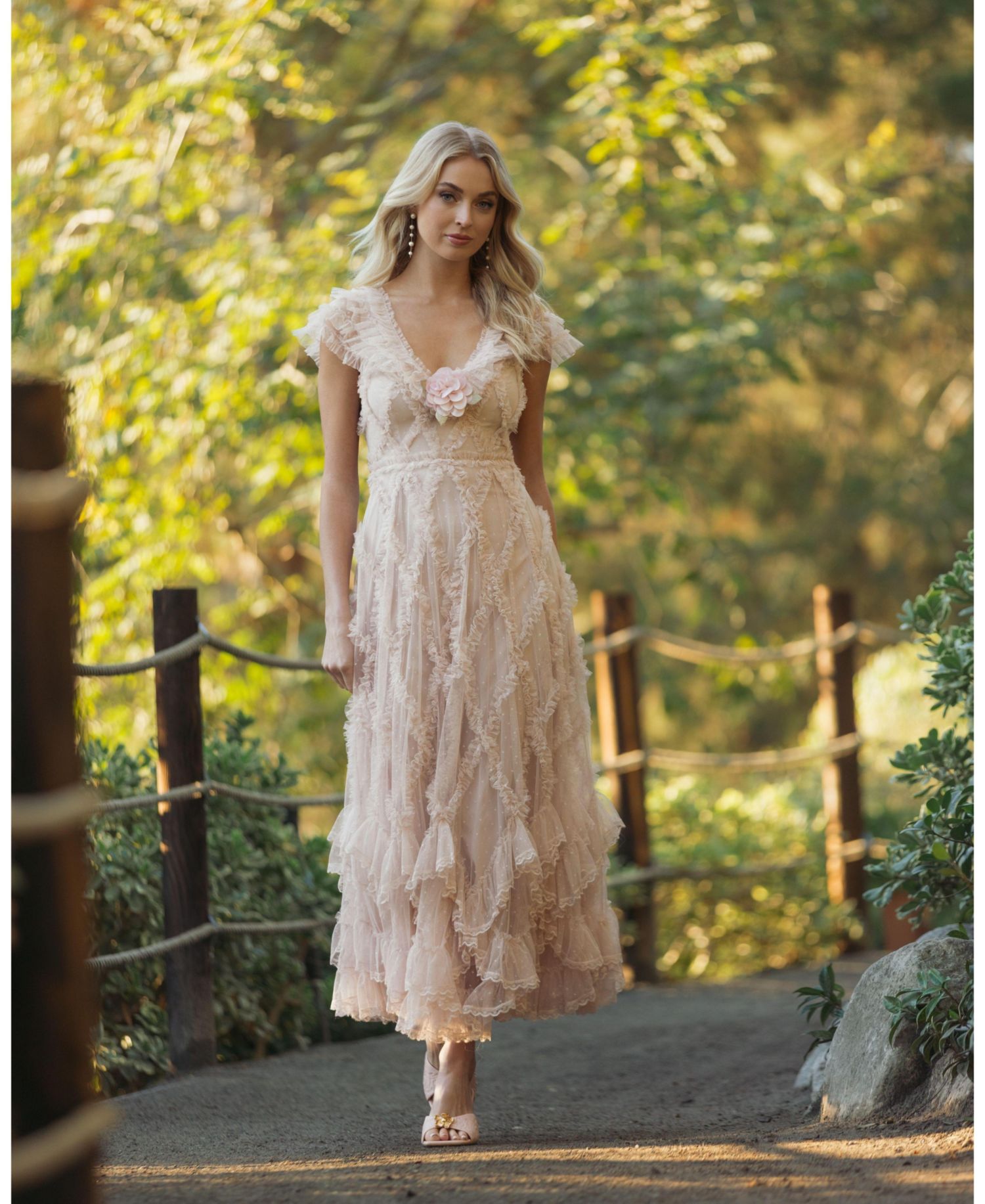 Women's Micro Ruffle Cap Sleeve A-Line Midi Dress