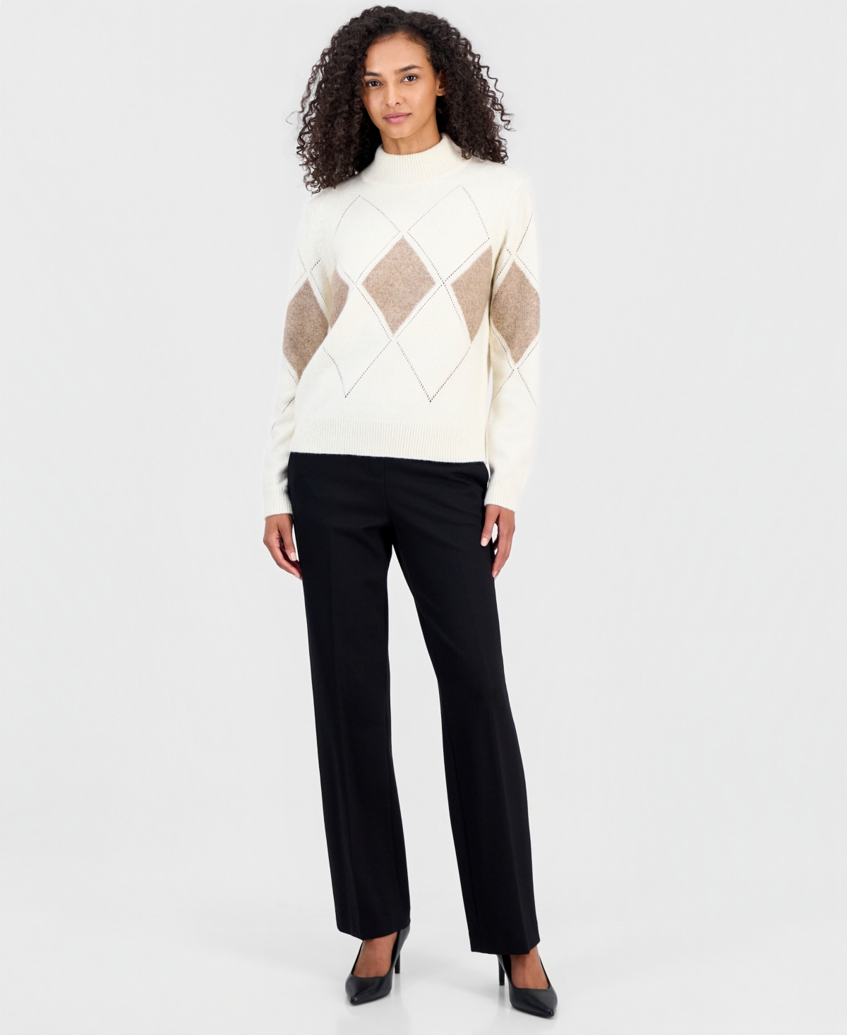 T Tahari Women's Mock Neck Pointelle Argyle Pullover
