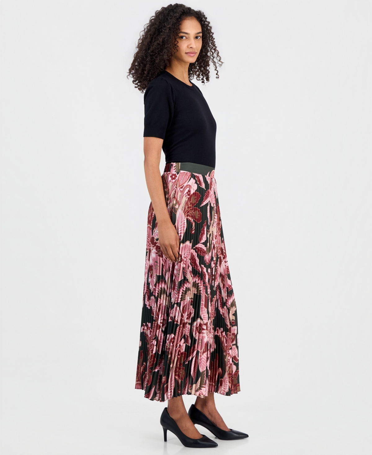 T Tahari Women's Pleated Floral A-Line Skirt