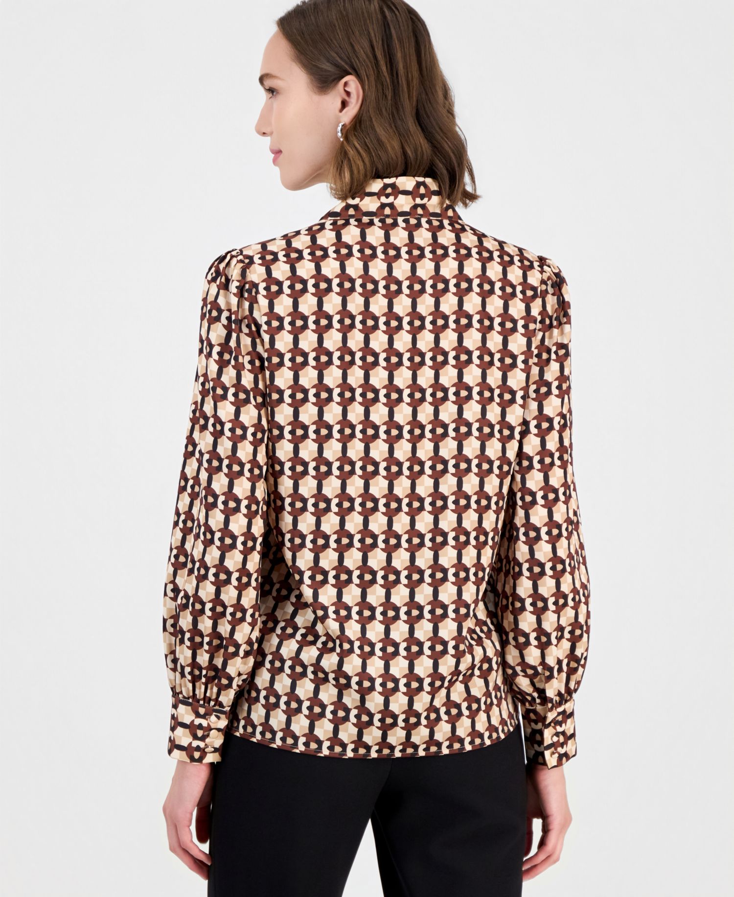 Women's Long-Sleeve V-Neck Bow Tie Geometric-Print Blouse