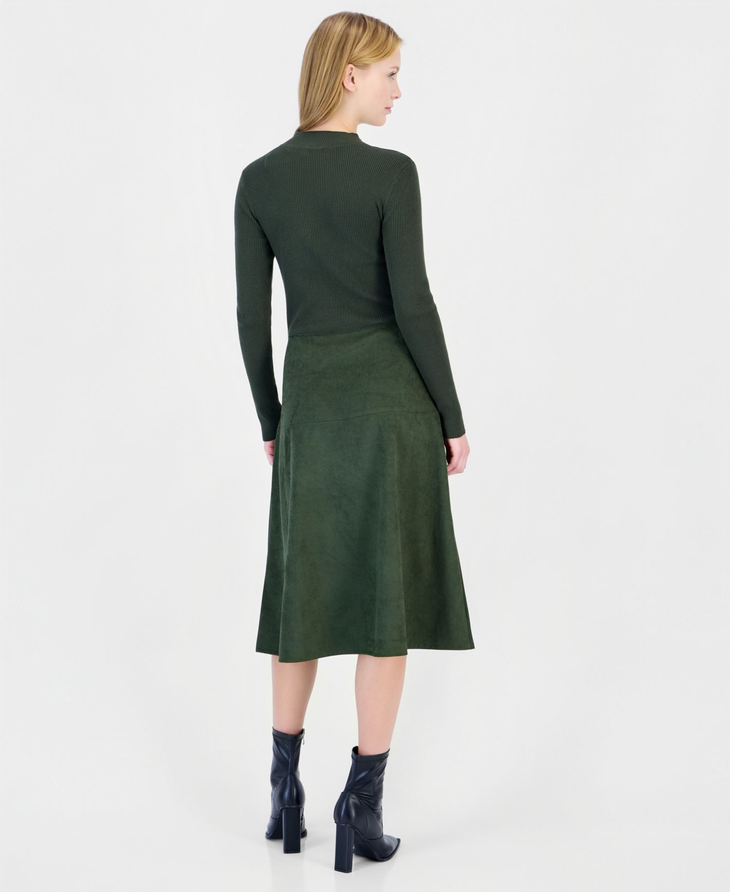 Women's Mock Neck Long-Sleeve Faux Suede Skirt Dress