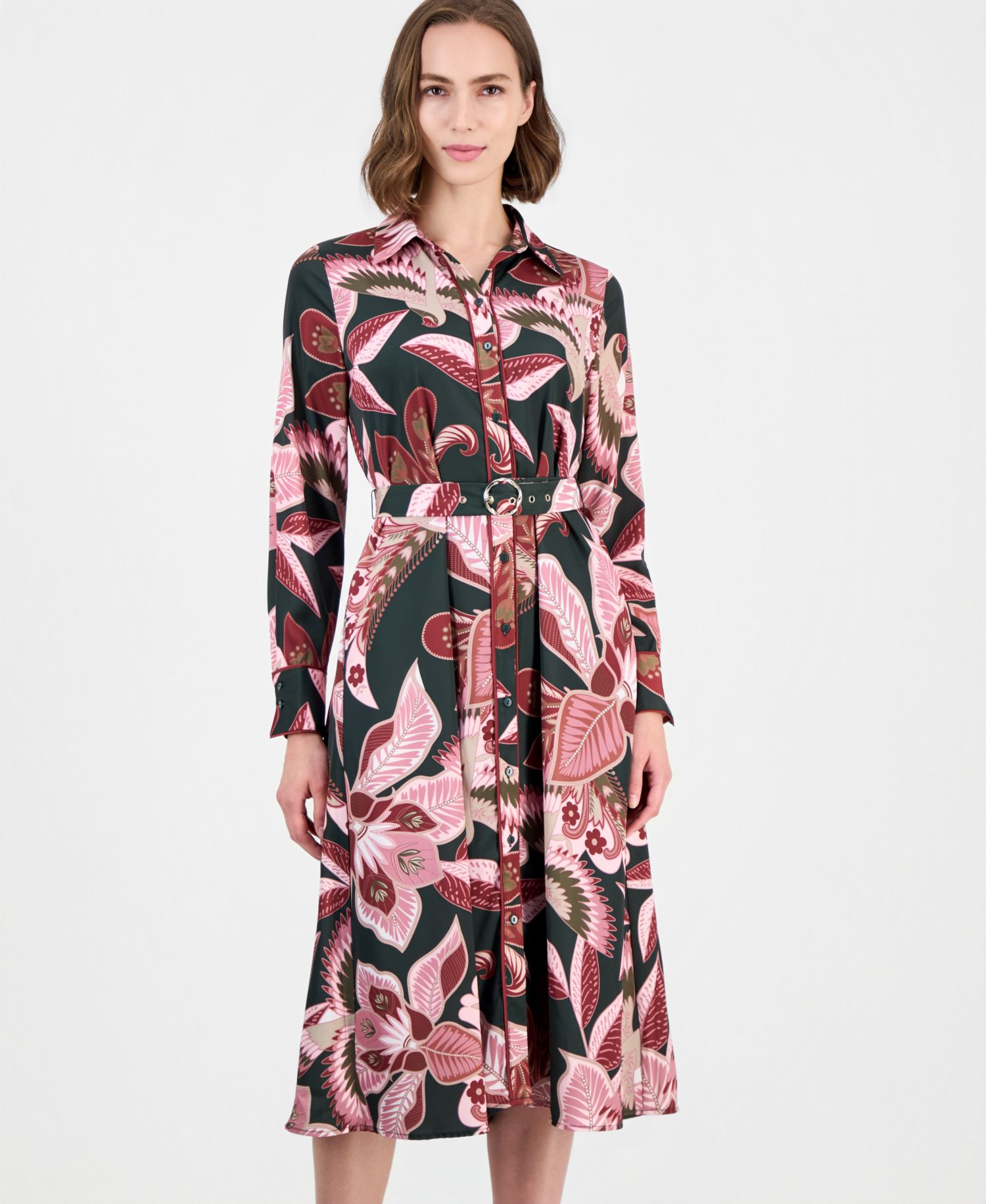 Women's Floral Long-Sleeve Fit-and-Flare Midi Dress