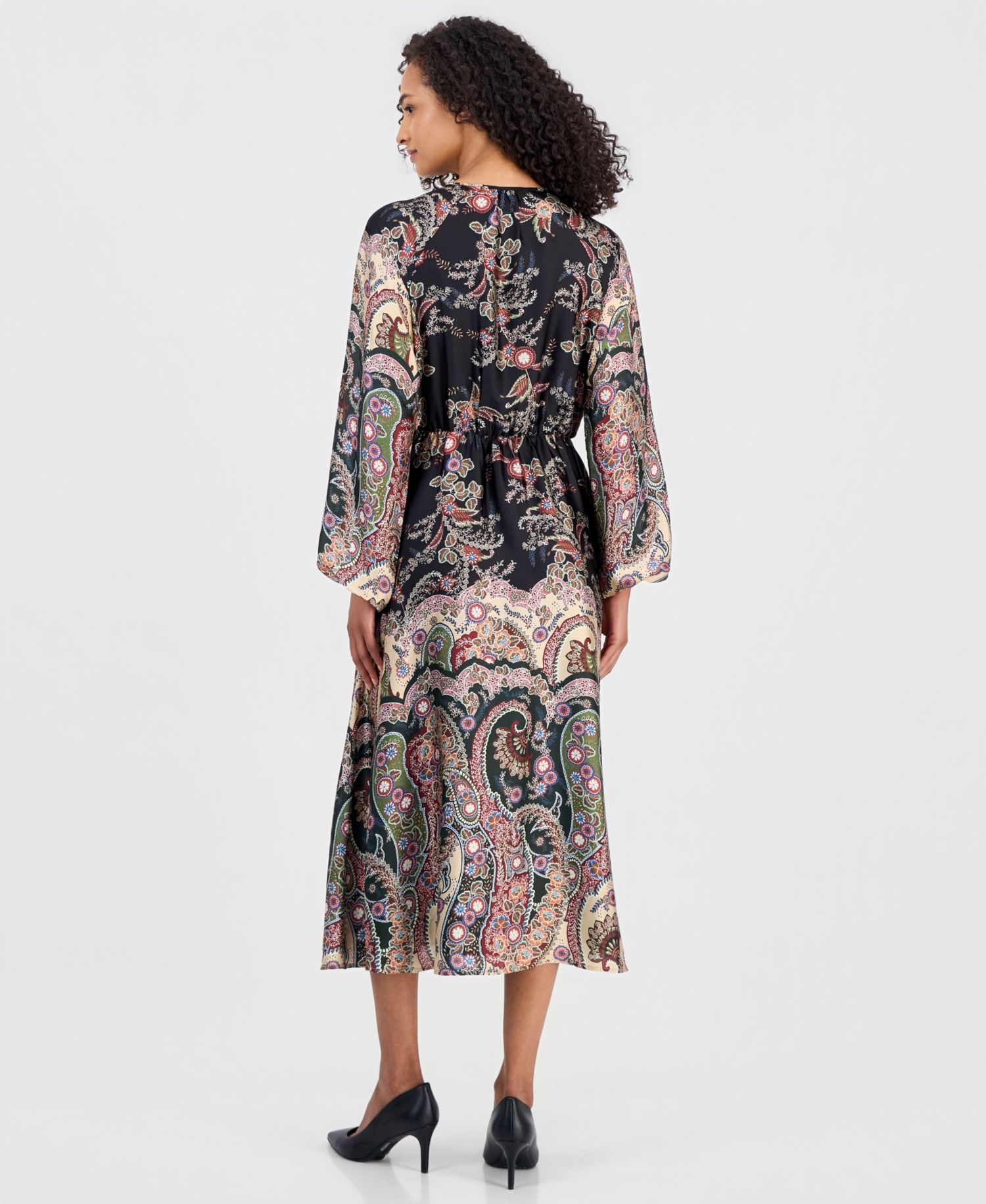 Women's Long-Sleeve Smocked-Waist Split-Neck Midi Dress