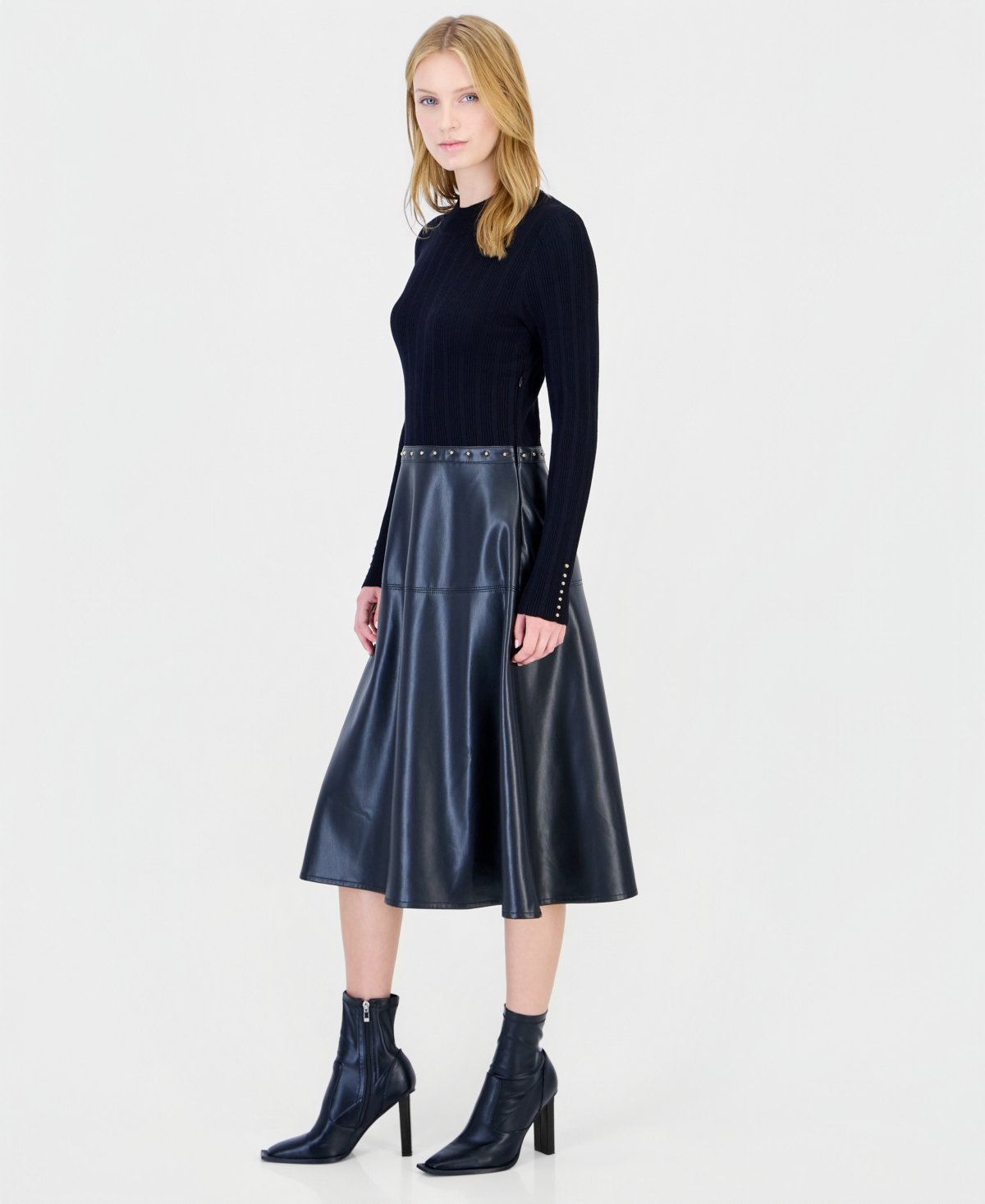 T Tahari Women's Long-Sleeve Mock Neck Midi Dress