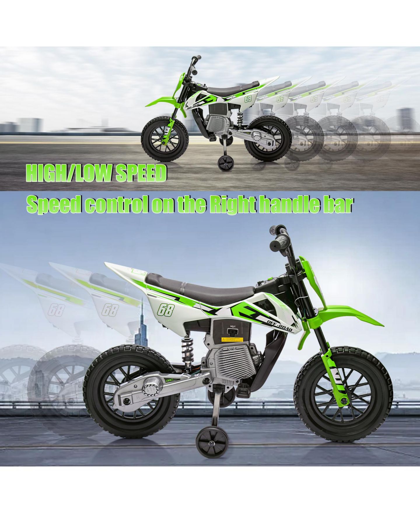 Детская игрушка homfan 12V Electric Dual Motor Dirt Bike with Training Wheels, 66 lbs Capacity, Ages 3-8, цвет: Зелёный — фото 3