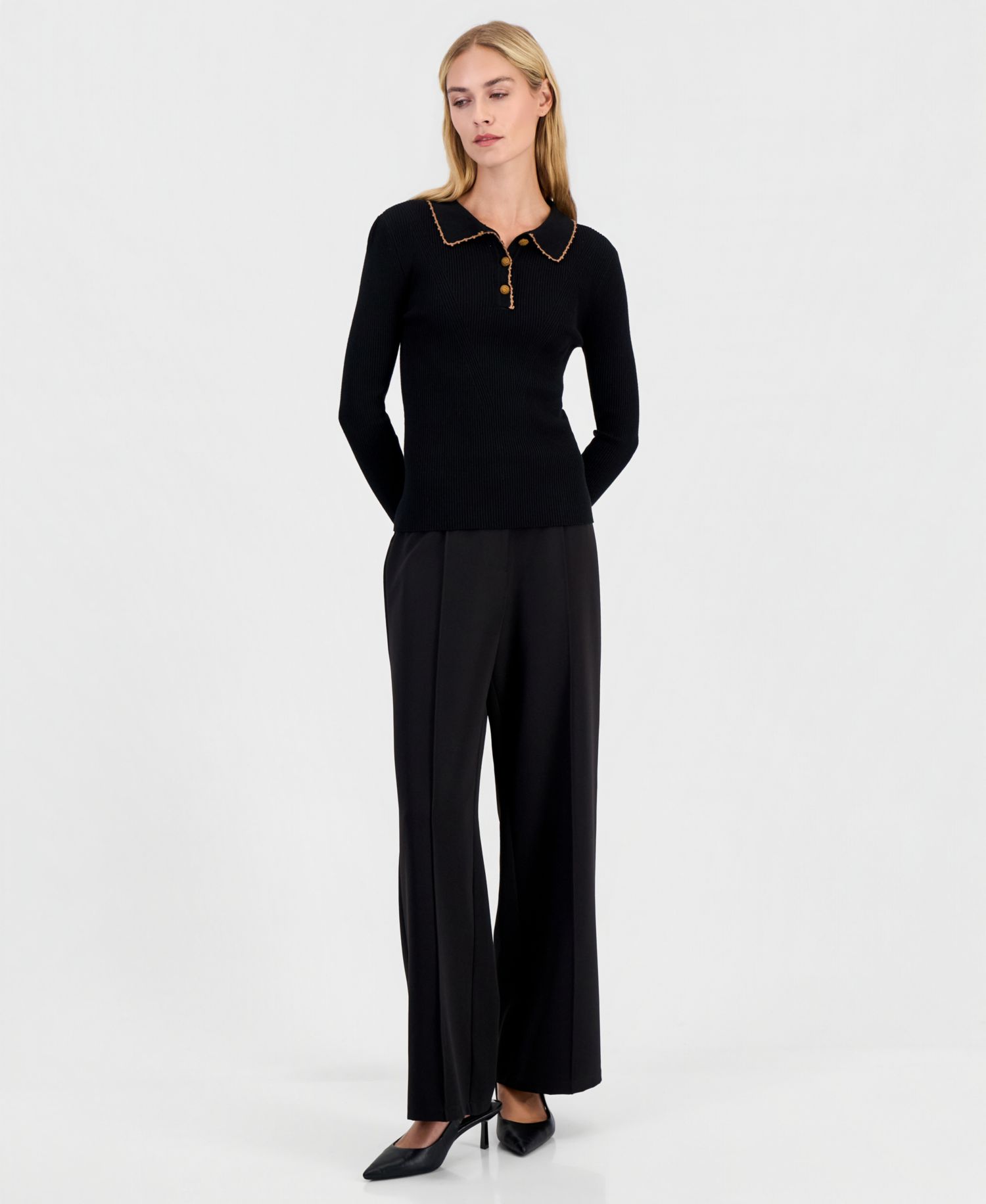 Women's Crochet-Tipping Long-Sleeve Polo