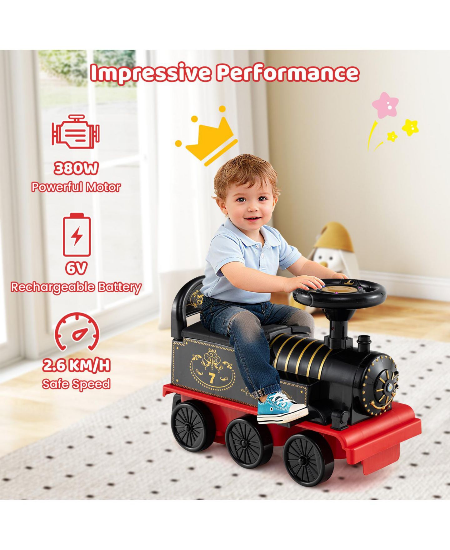 Детская игрушка Slickblue Ride On Train 2-Seater 6V with LED Lights, Ages 18+ Months, цвет: Чёрный — фото 5