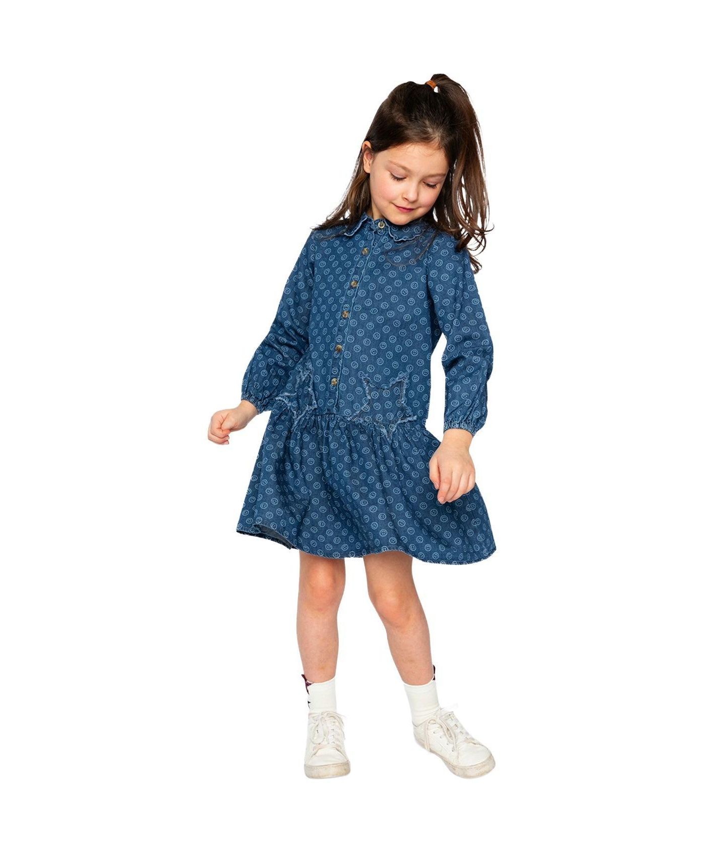 Платье Deux par Deux Shirt Dress Smiley Print для девочек, цвет: Синий с принтом — фото 3