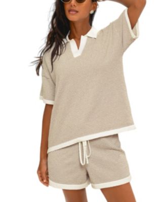 Women's Beige and White Striped Terry Polo Top and Shorts Matching Set