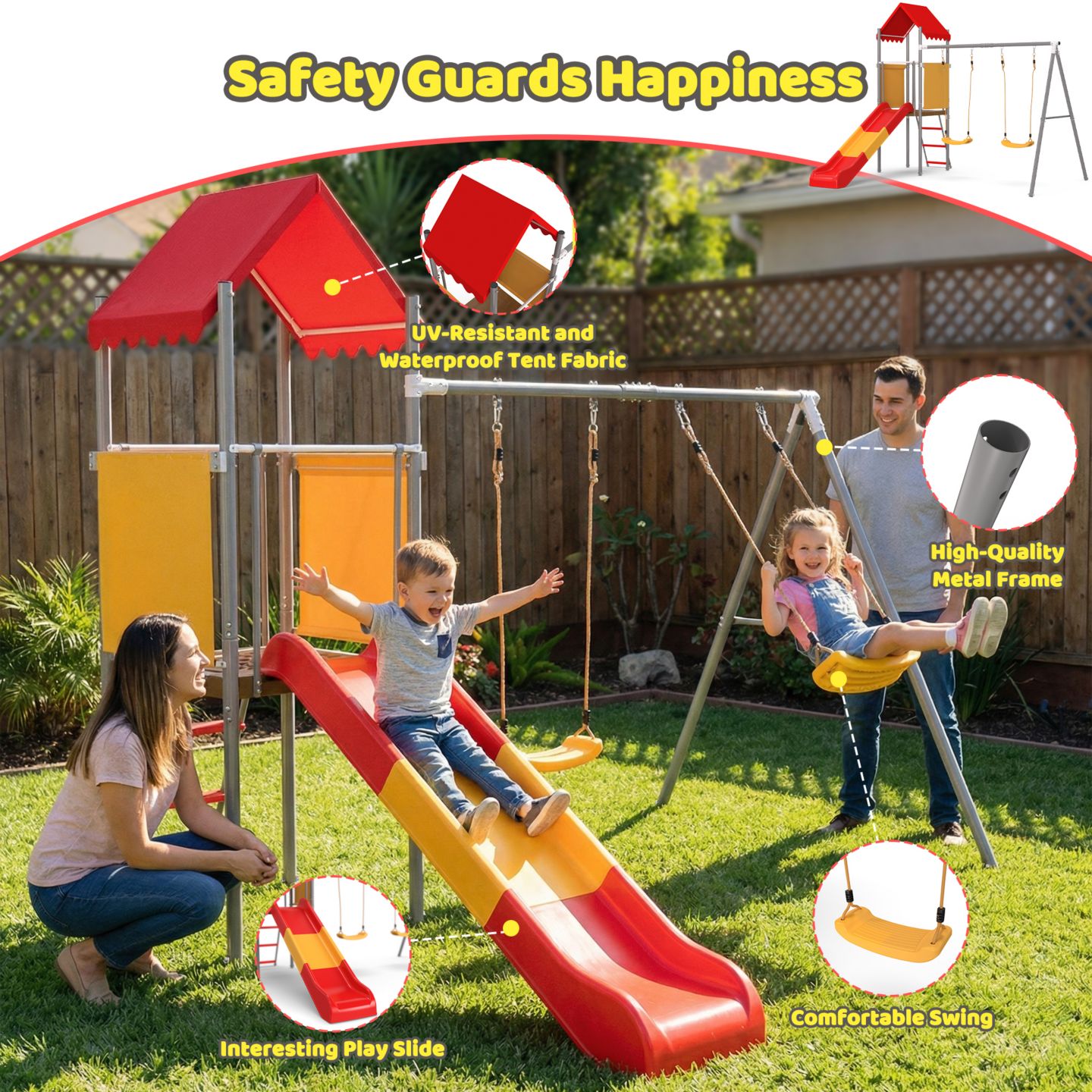 Детские игрушки ZENY Metal and Plastic Treehouse Swing Set with Slide, Belt Swings, and Canopy - Safe, Sturdy, and Portable for Kids Ages 3-8, цвет: Оранжевый красный — фото 8