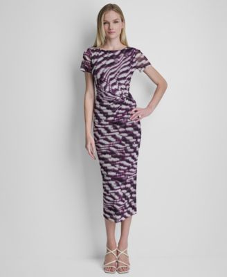 Women's Printed Side Knot Mesh Midi Dress