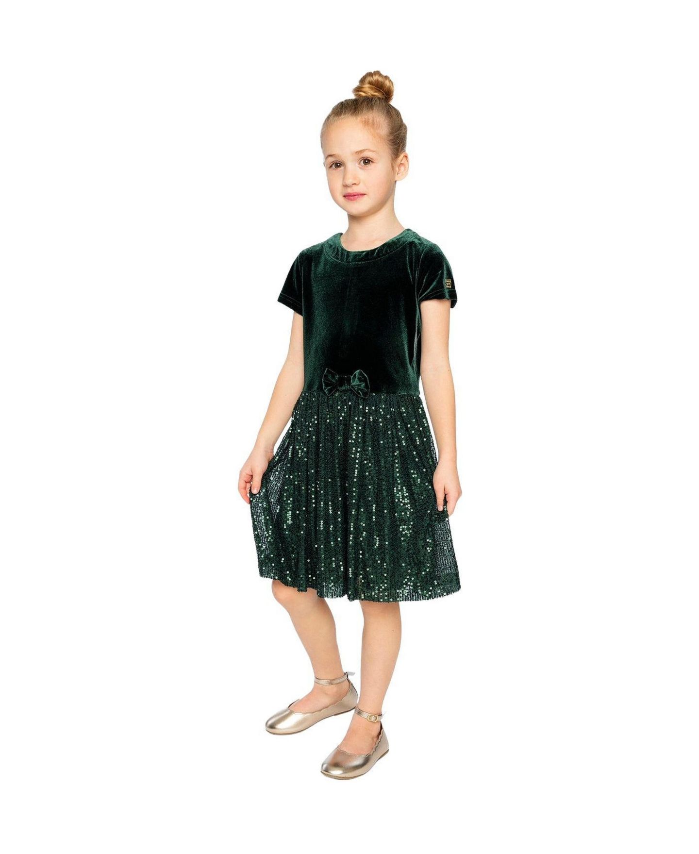 Платья Deux par Deux Bi-Material Short Sleeve Dress with Glittering Skirt для девочек-малышей, цвет: Зелёный тёмно-зелёный — фото 6