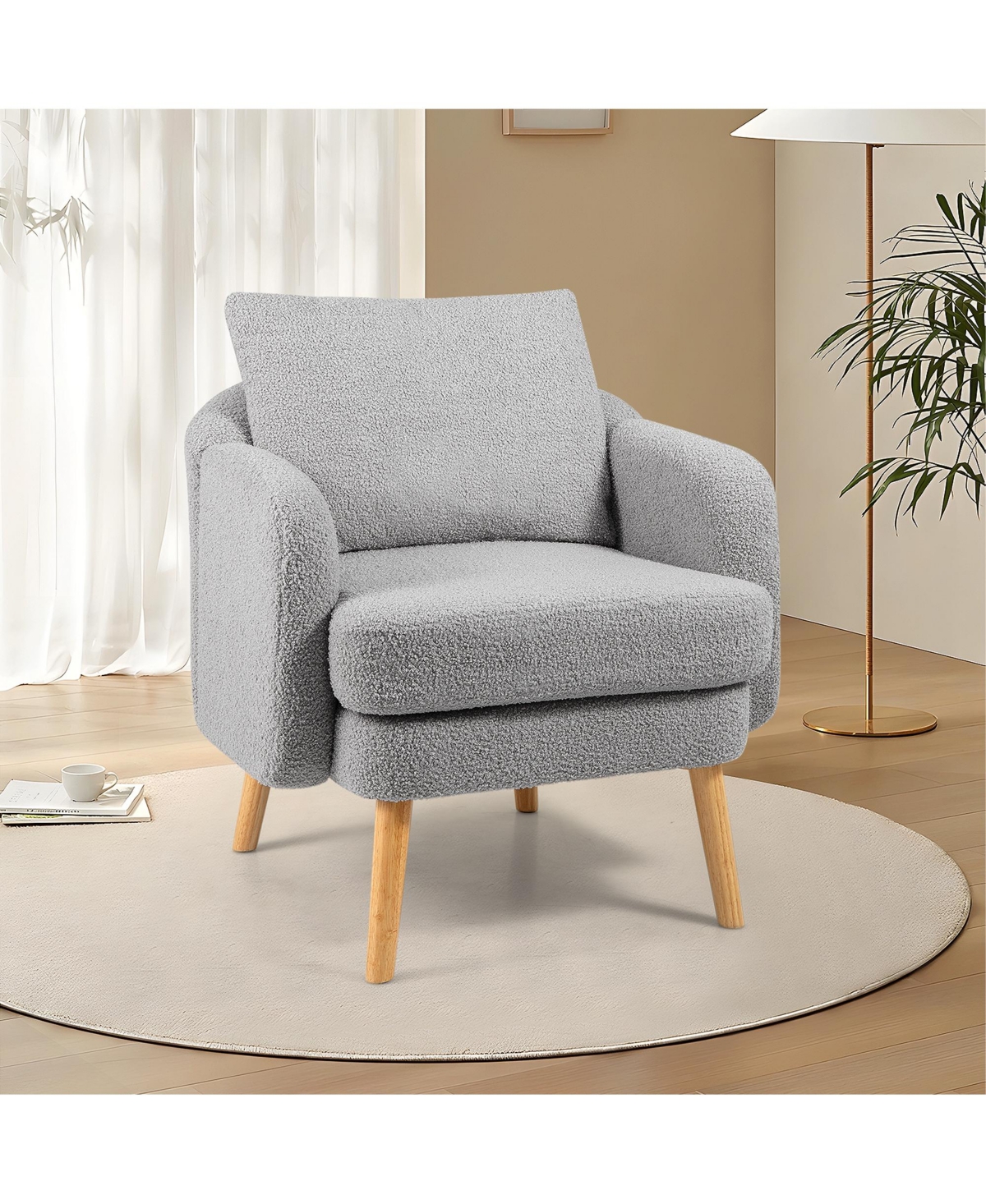 Gymax Sherpa Accent Chair with Seat Cushion and Pillow Rubber Wood Legs for Bedroom
