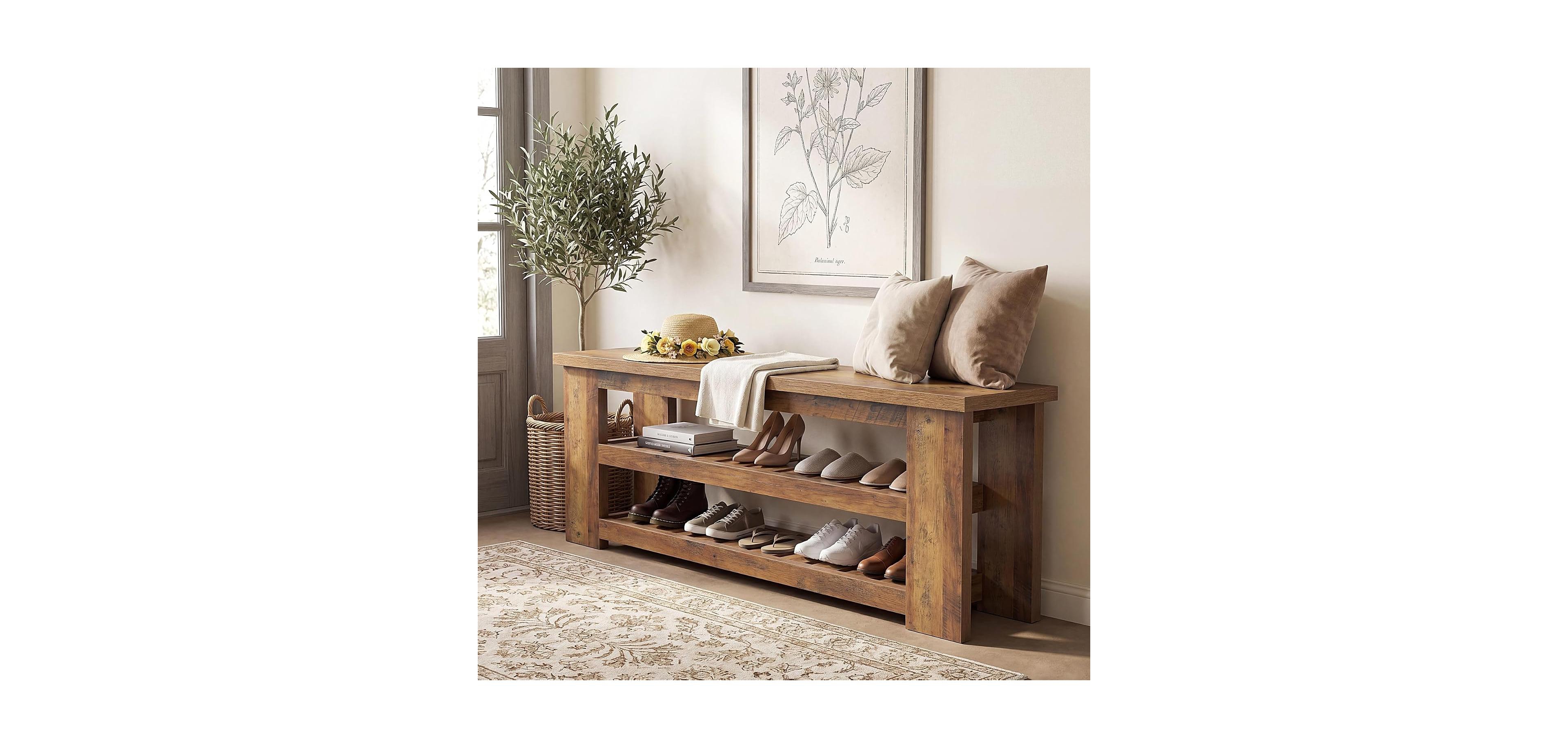 Tribesigns Entryway Bench, 55" Wood Shoe Bench, Farmhouse End of Bed Bench with 2-Tier Storage Shelves, Dining Bench