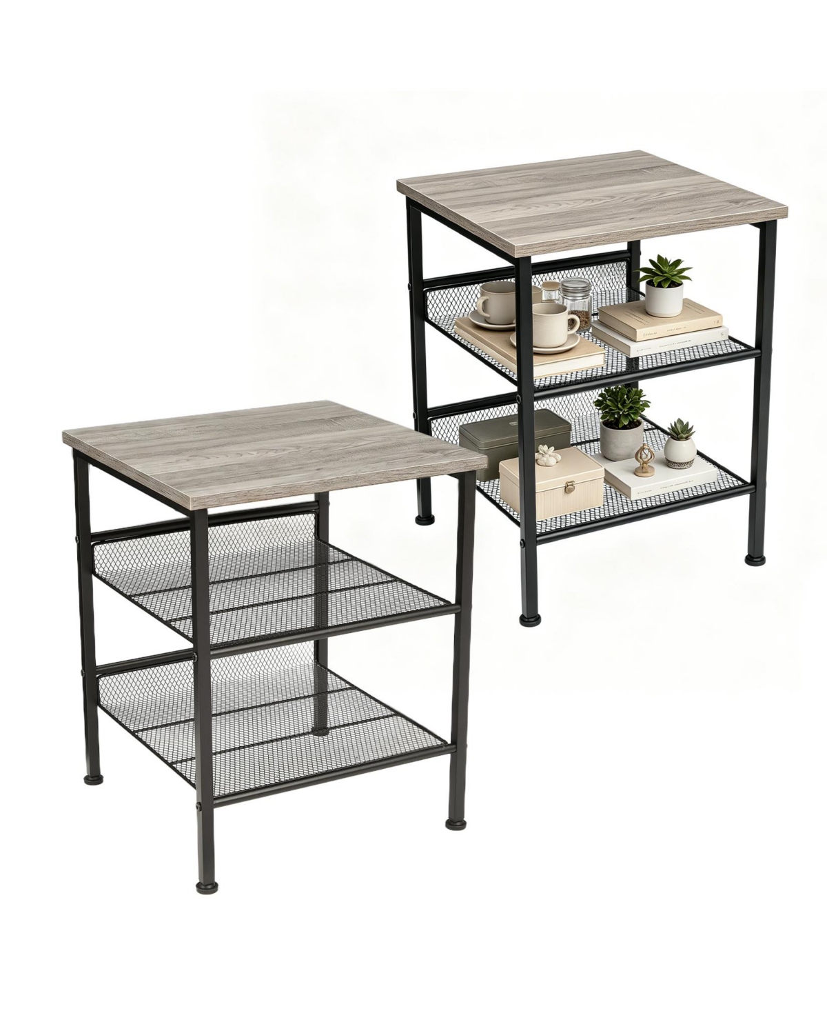 homfan 2-Piece 3-Tier Square End Table Set, Industrial Side Tables with Mesh Shelves and Metal Frame