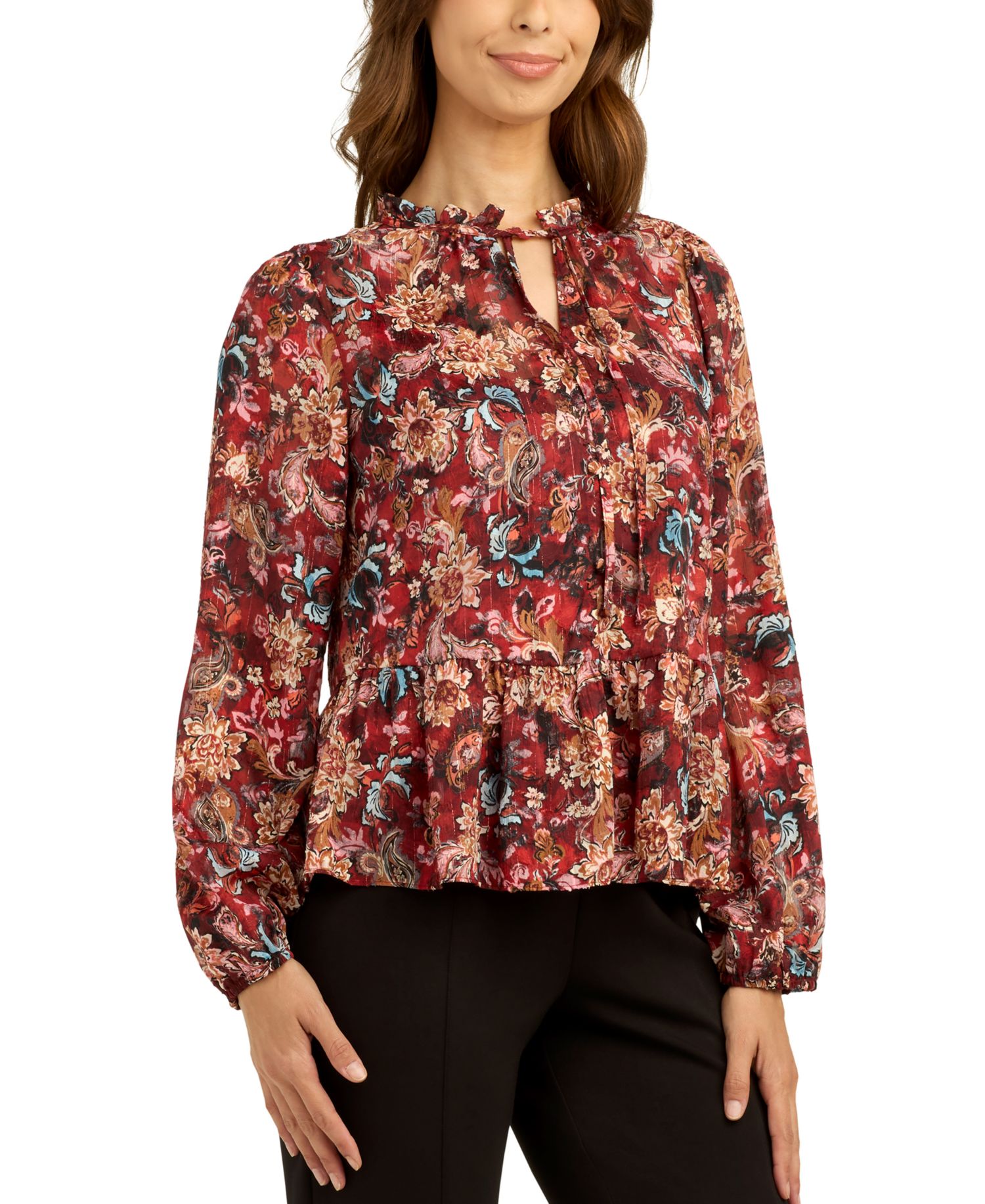 Juniors' Printed Satin Peplum Top