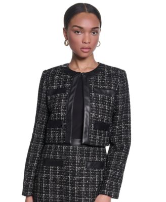 Women's Metallic Tweed Jacket with Faux Leather Trim