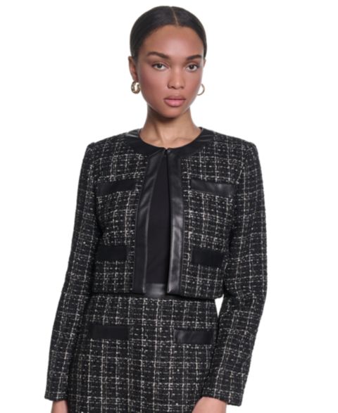 Женские куртки KARL LAGERFELD PARIS Women's Metallic Tweed Jacket with Faux Leather Trim
