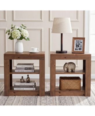24 Inch Solid Wood Nightstand With 2 Open Shelves, Modern Farmhouse Rustic End Table, Accent Side Table For Bedroom and Living Room