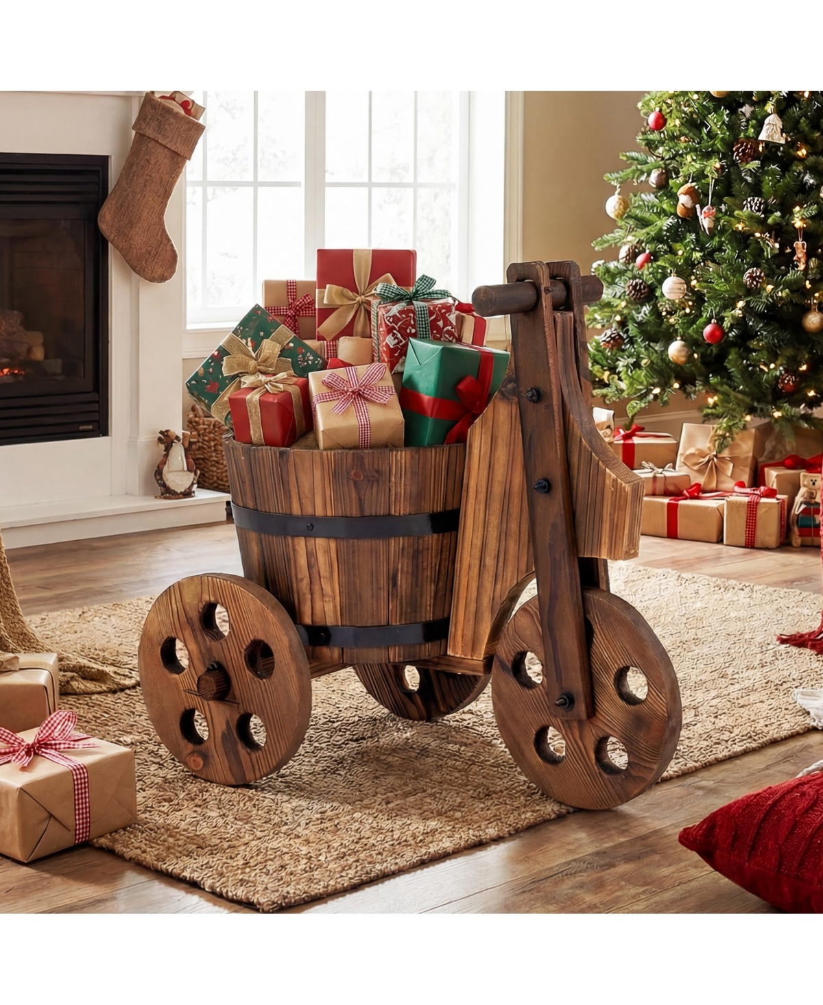 Gymax Rustic Wood Tricycle Planter with Barrel Pot and Drainage for Patio Balcony Garden