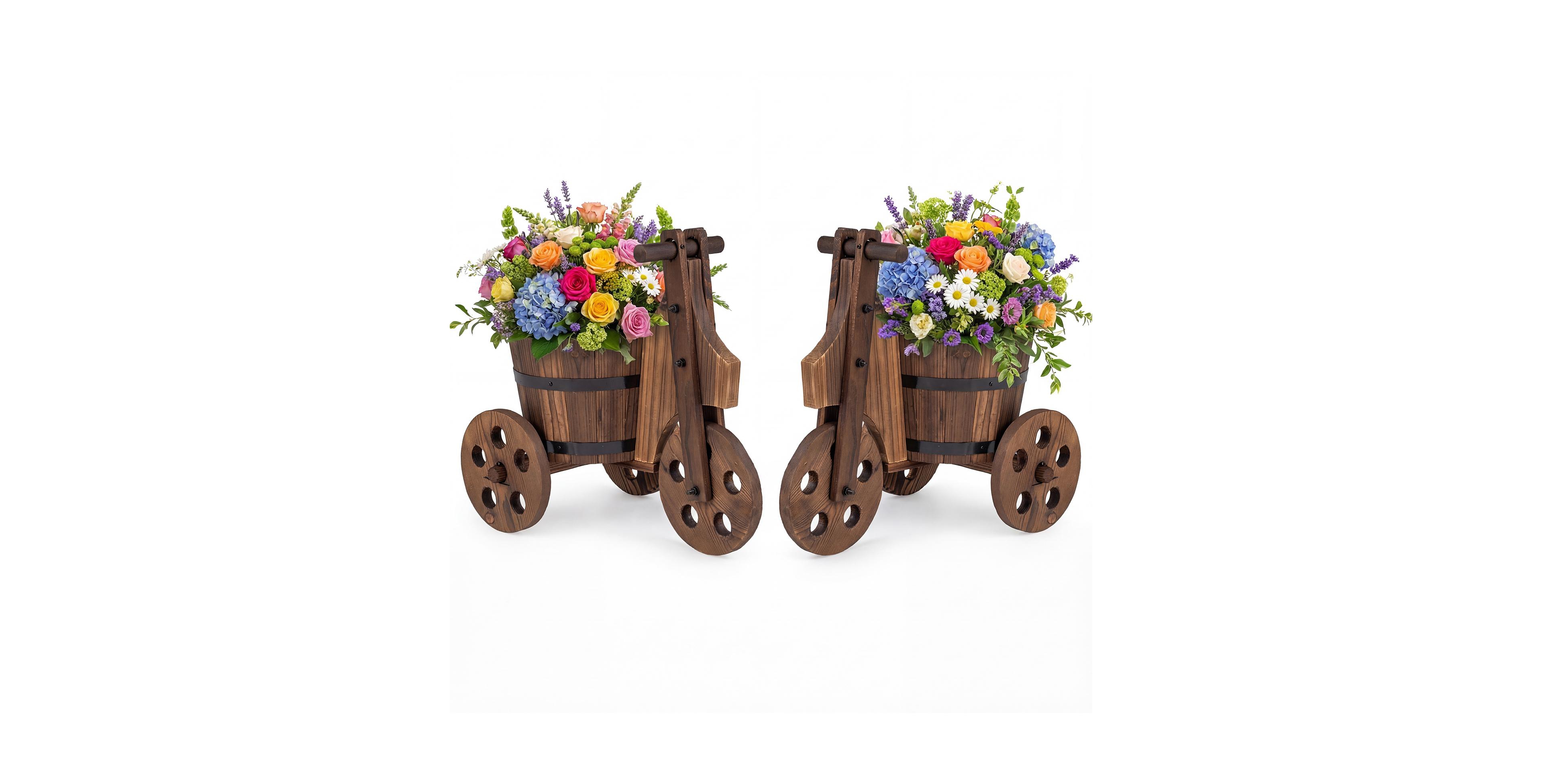 Gymax Rustic Wood Tricycle Planter Barrel Pot and Drainage for Patio Garden