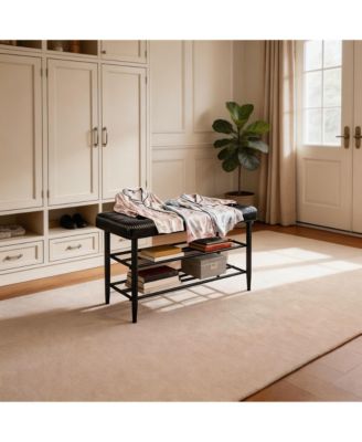Oil-Wax Leather Shoe Storage Bench, 3-Tier Shelf Sturdy Steel Frame Comfort Accent Bench for Entryway Bedroom