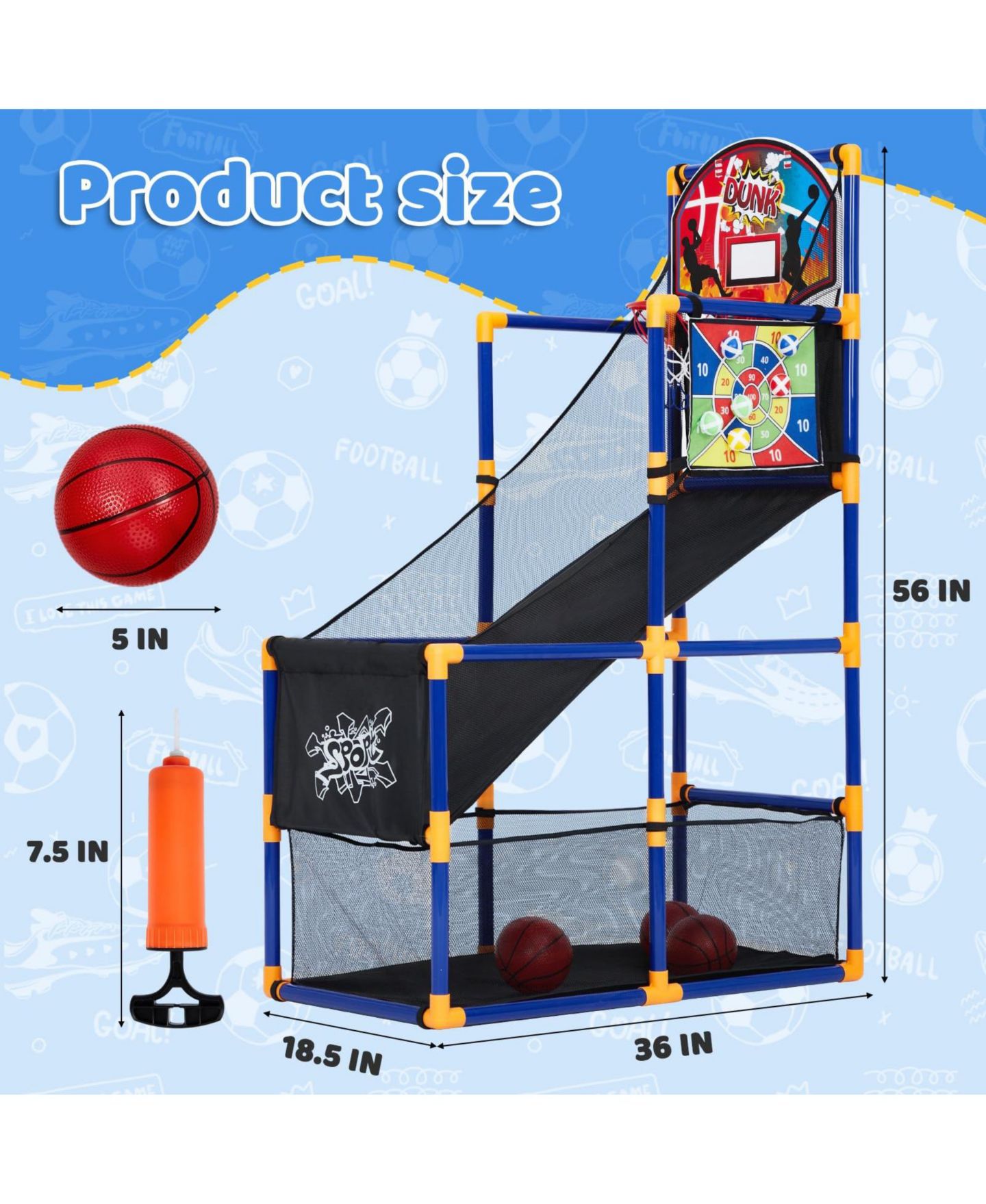 Детские игрушки homfan Kids Indoor Outdoor Portable Basketball Hoop Set with 10 Basketballs, Sticky Net and Air Pump, Ages 3+, цвет: Жёлтый — фото 2