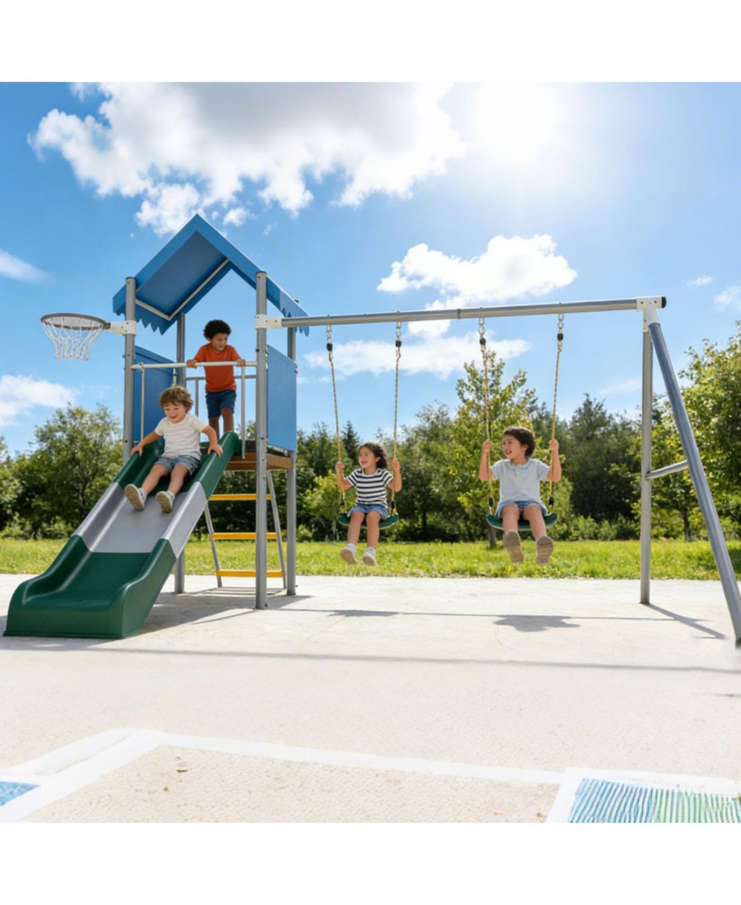 Детский игровой набор homfan 112 x 110 x 97 Inch Galvanized Steel and PE Outdoor Kids Treehouse Swing and Slides Playset with 2 Straight Swings, цвет: Синий — фото 5