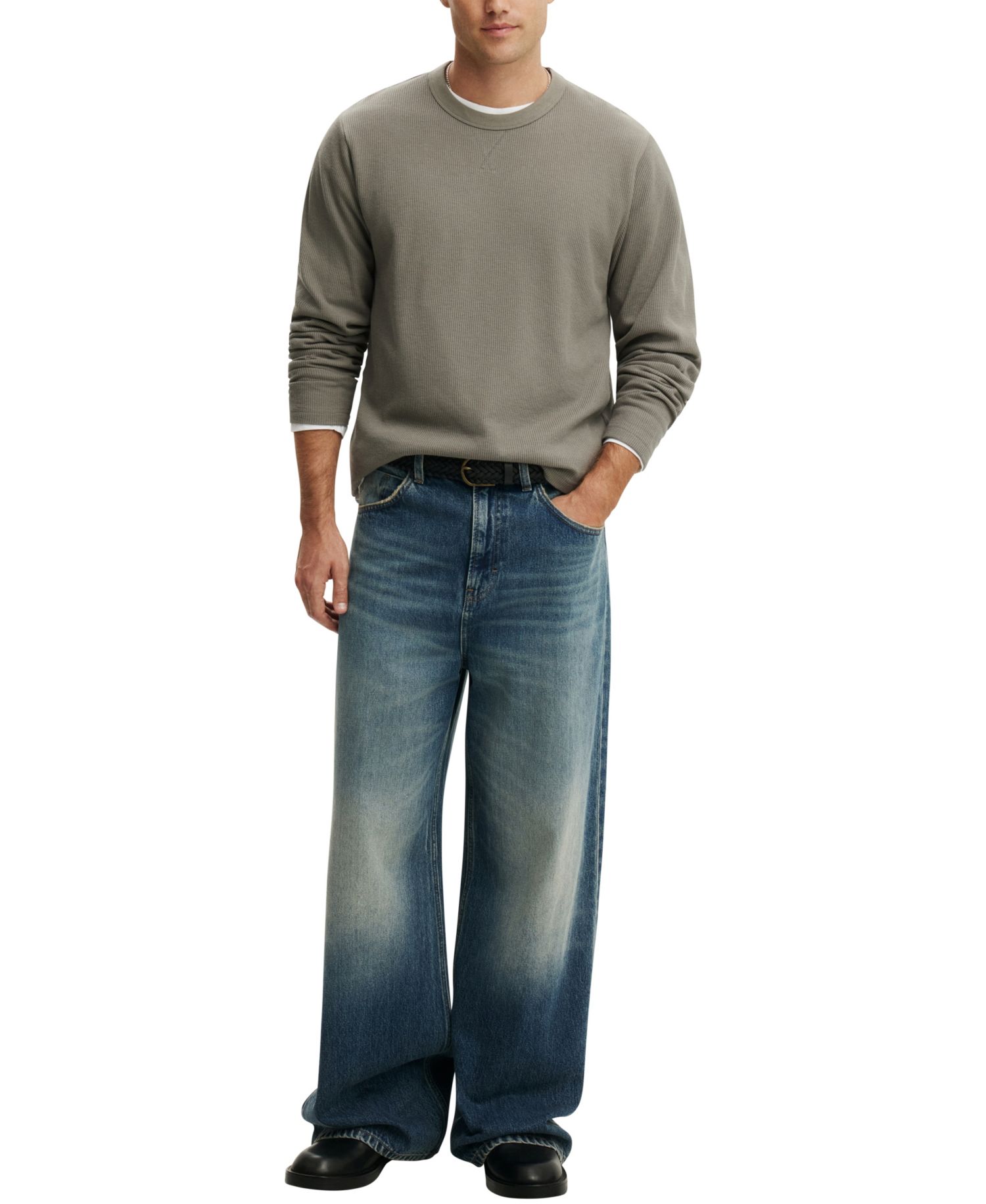 Men's Cropped-Fit Waffle Textured Long-Sleeve T-Shirt