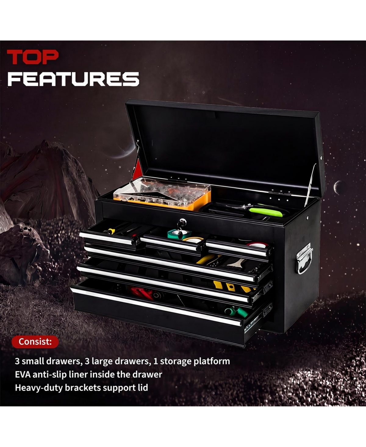 2-in-1 Tool Storage Cabinet: A lockable, -drawer metal tool cart on casters. Features a removable top toolbox, protective lining