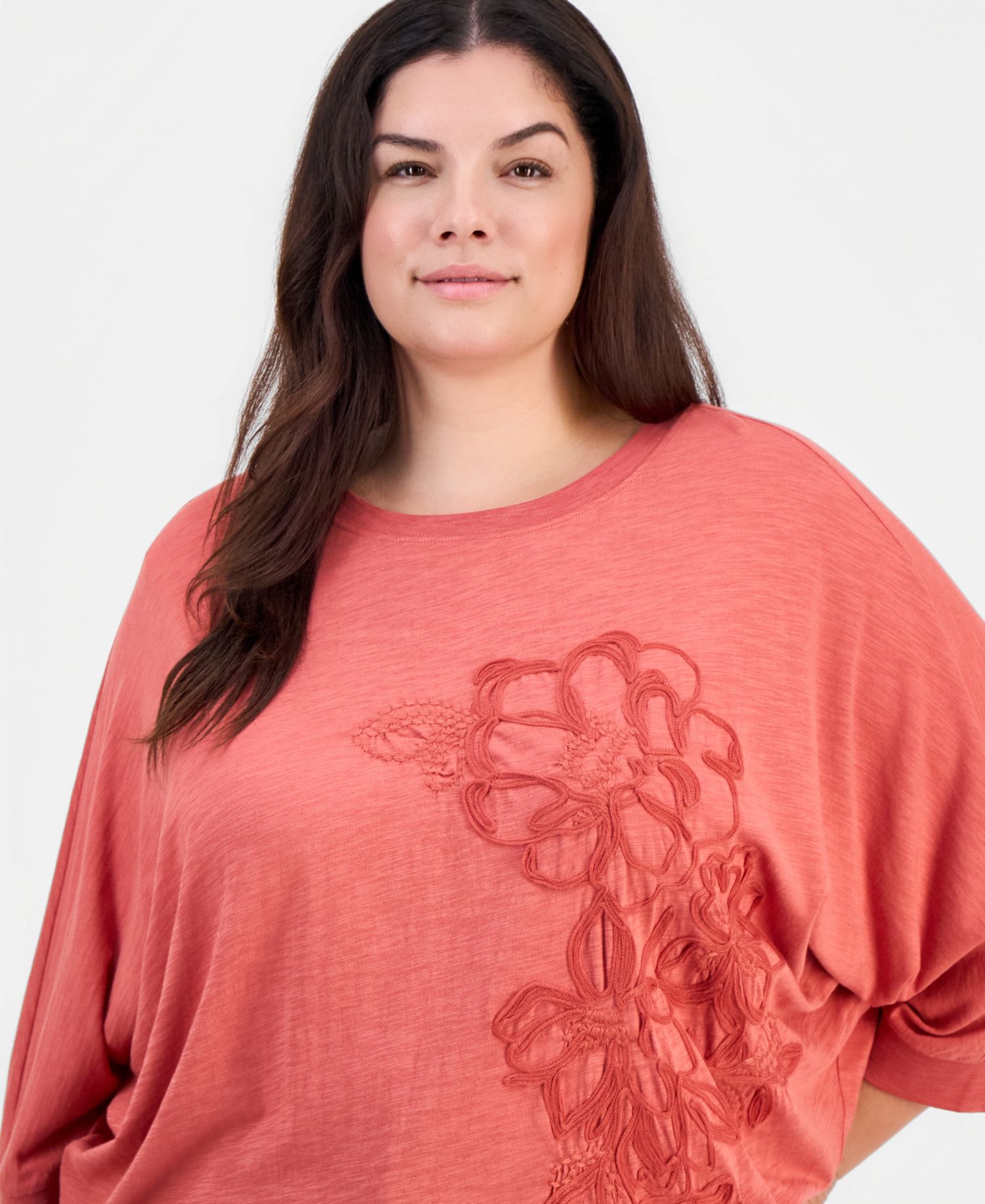 Plus Size Dolman-Sleeve Soutache Floral-Embroidered Top
