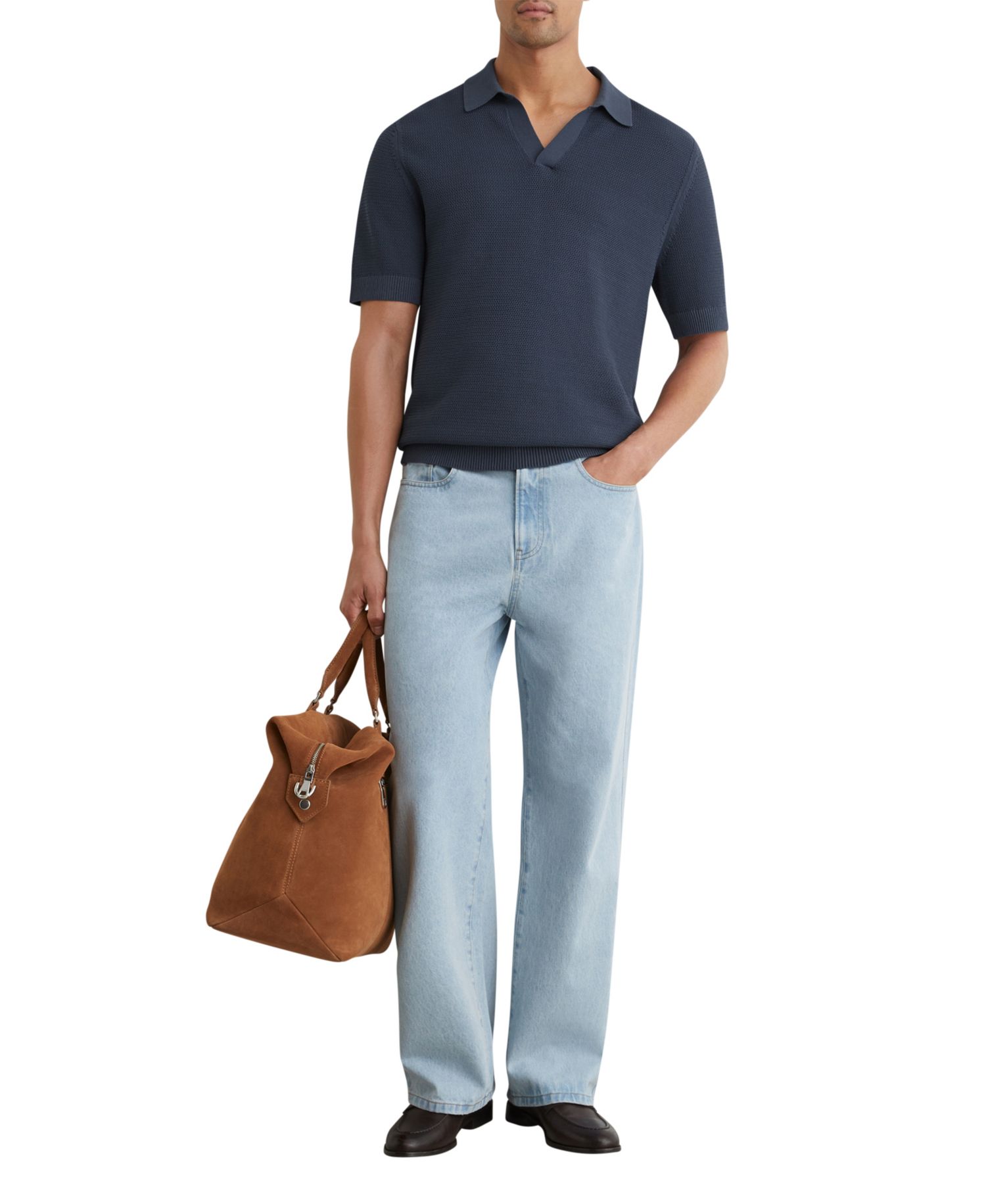 Men's Leon Cotton-Blend Basket-Stitch Open-Collar Polo Shirt