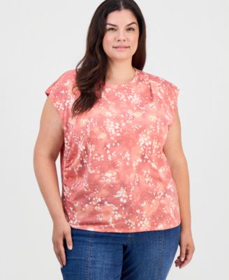 Plus Size Extended-Shoulder Printed Ruched T-Shirt