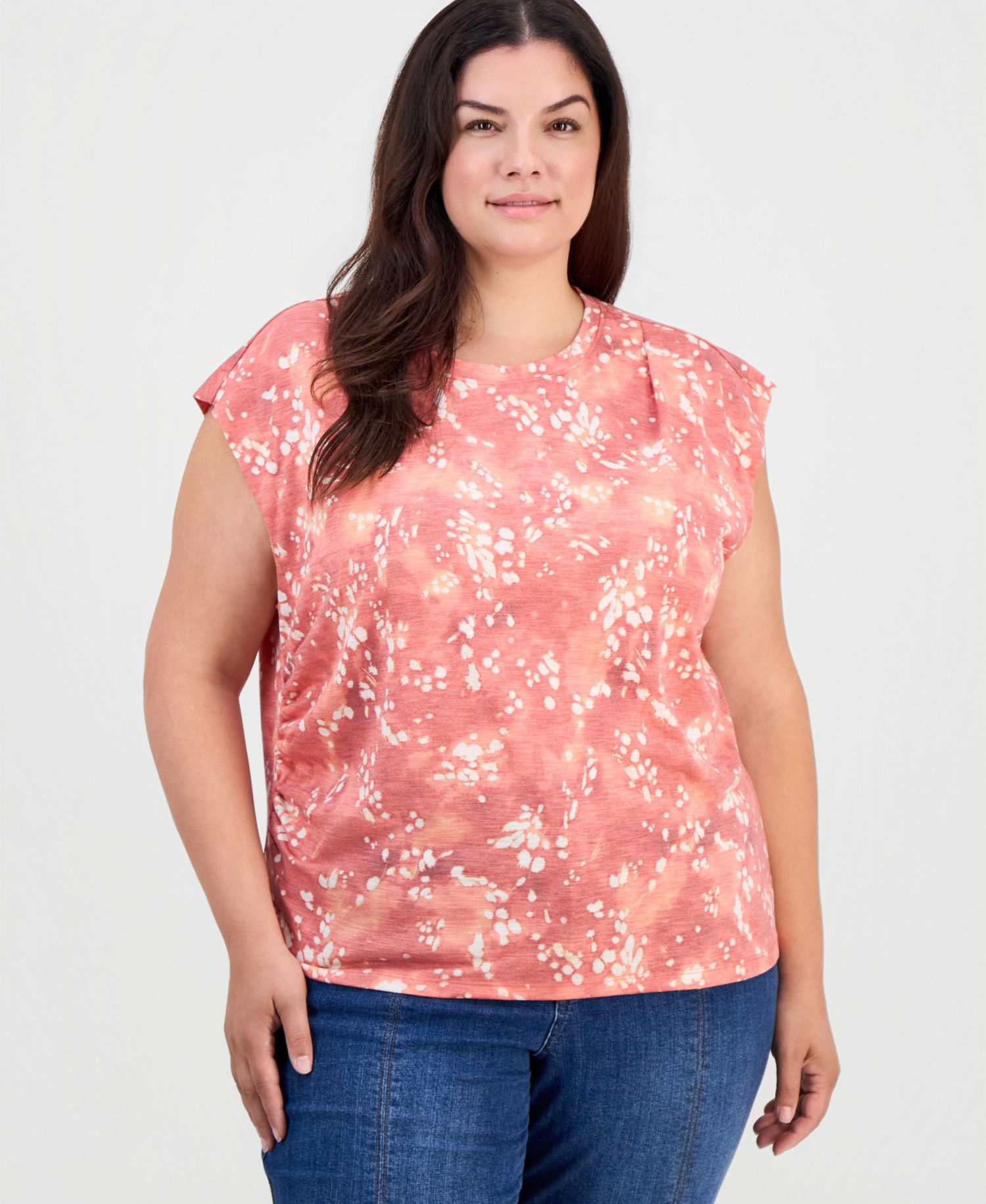 Plus Size Extended-Shoulder Printed Ruched T-Shirt