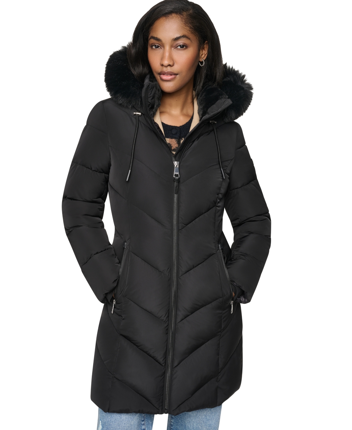 Dkny Women's Walker Length Puffer with Faux Fur Trimmed Hood Coat