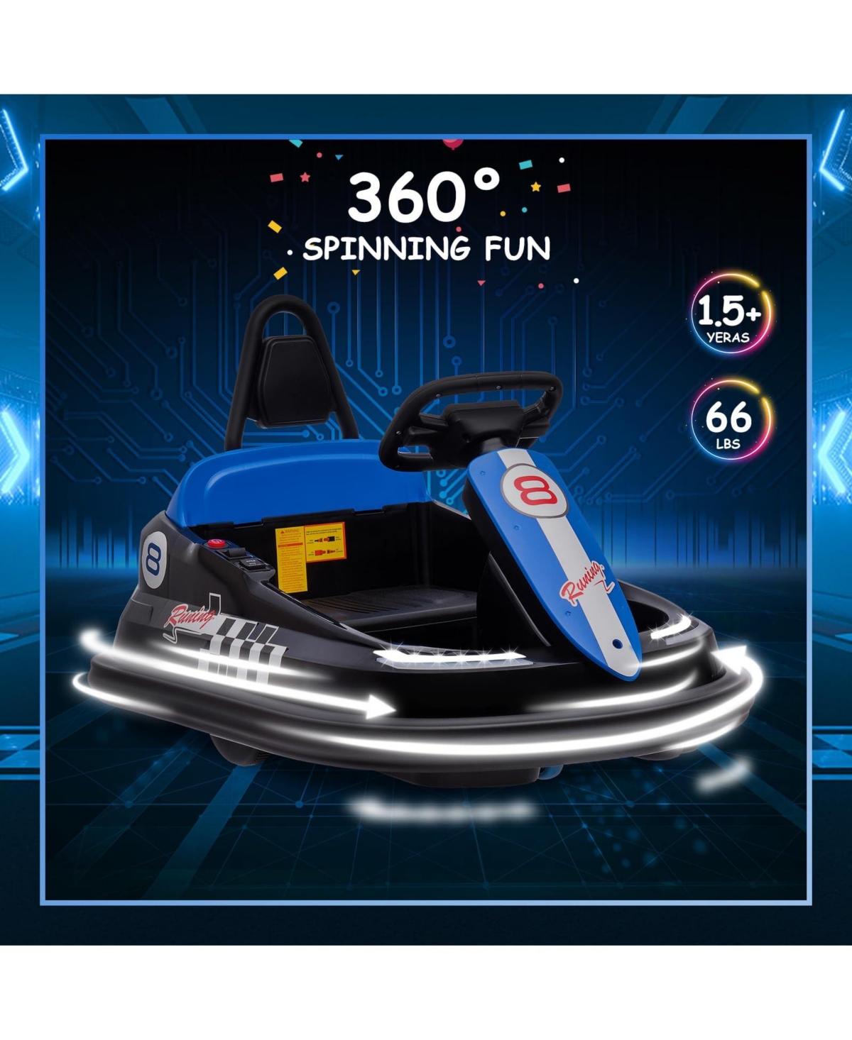 homfan 29.9x19.3x10.2 Kids Electric Bumper Car 6V Ride On Toy, 3 mph Speed, Dual Drive Motors, 360degree(s) Spin, Soft Ring, Indoor Play