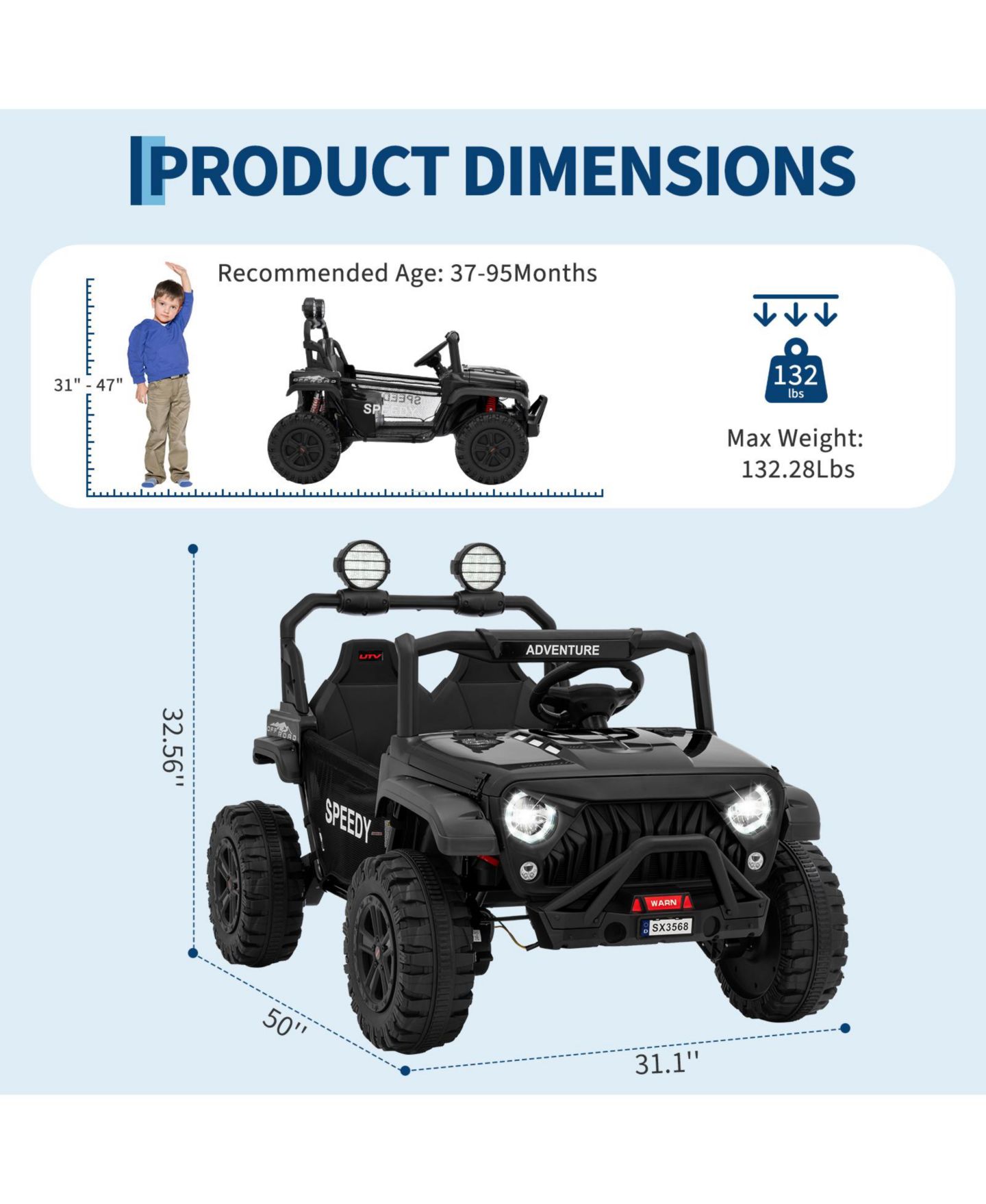 Детская игрушка homfan 24V Kids Electric Ride-On Car with Remote Control and LED Lights, 48.4"L x 31.1"W x 32.6"H, Metal Frame, Ages 3-6, цвет: Чёрный — фото 2