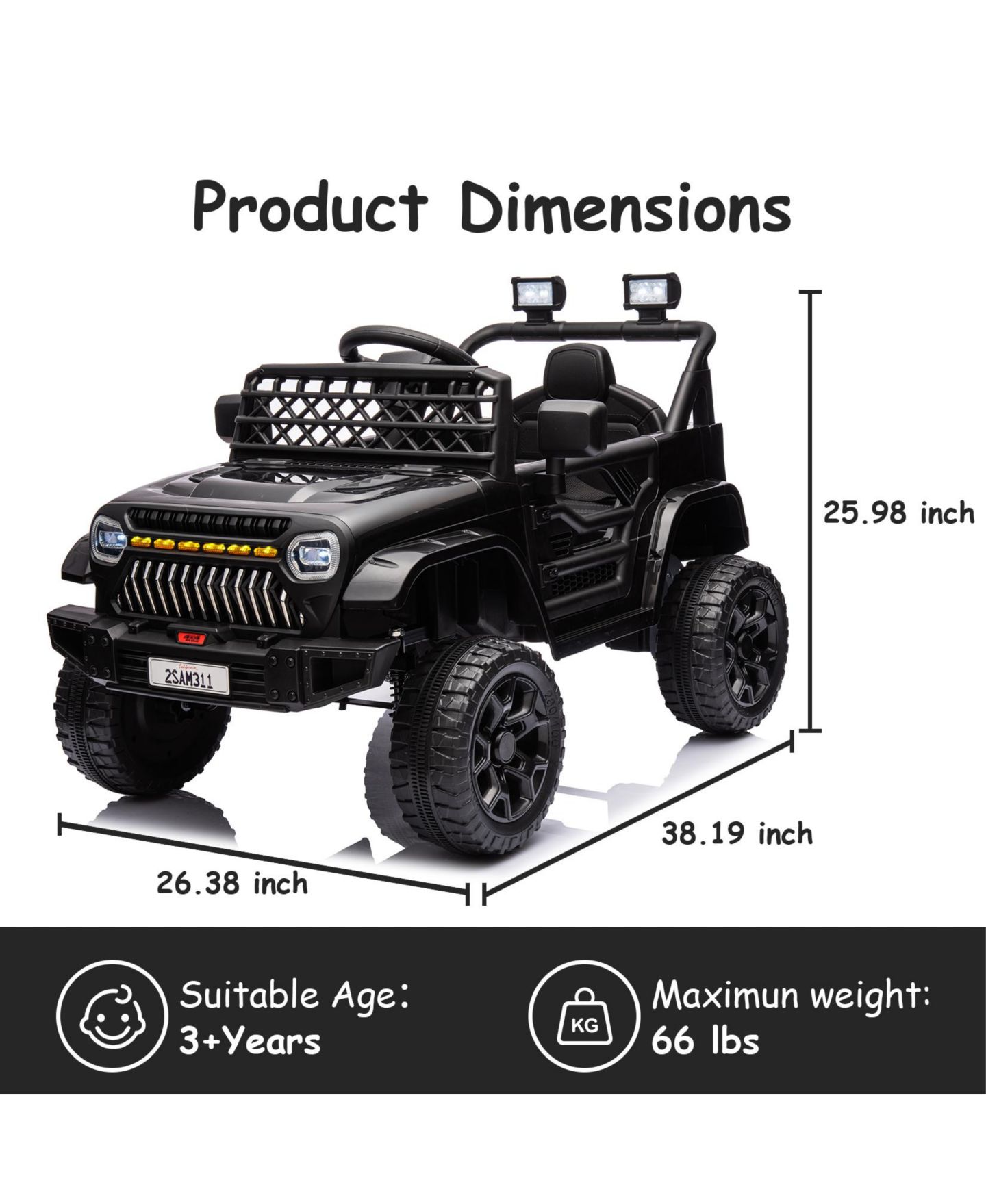 Детская игрушка homfan Ride On Truck, Battery Powered Electric Toy for Kids with 2.4G Remote Control, 4-Wheel Spring Suspension, LED Lights, Music, цвет: Чёрный — фото 2