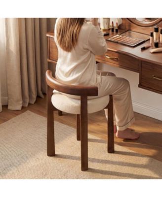 Wood Vanity Stool with Faux Wool Cushion, Upholstered Makeup Chair with Solid Wood Frame, Round Vanity Ottoman Seat