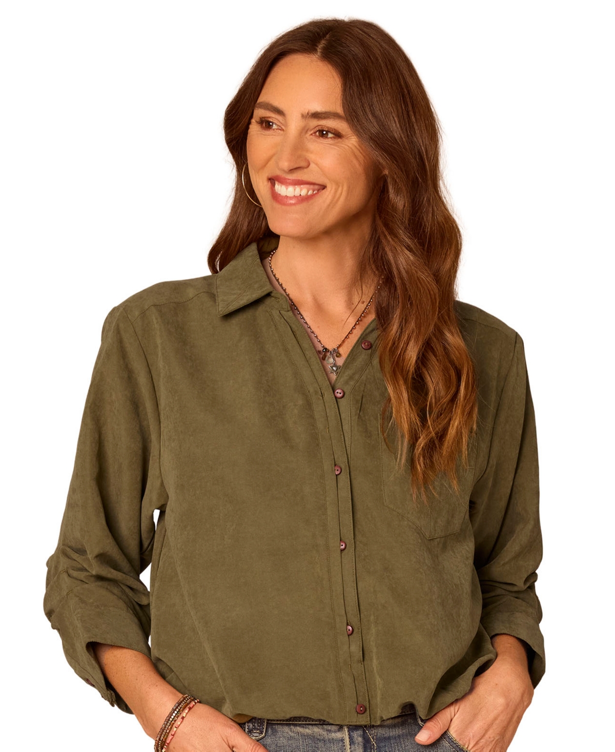Democracy Women's Spread-collar Button-front Top In Forest Moss