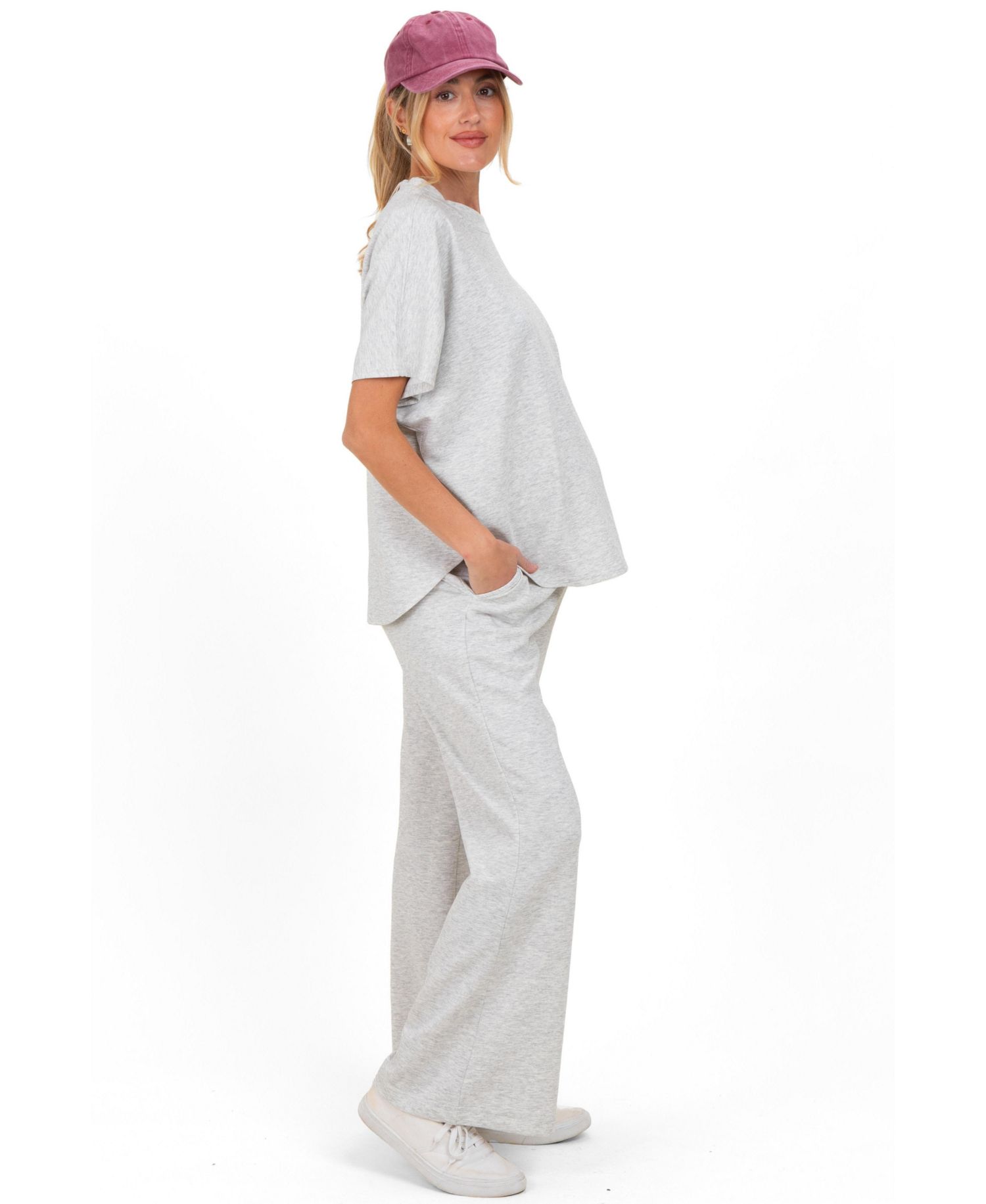 Women's Heather Grey Curved Hem Tee Pants Lounge Set