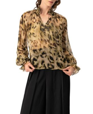 Women's Sheer Chiffon Tie-Neck Blouse in Abstract Animal Print