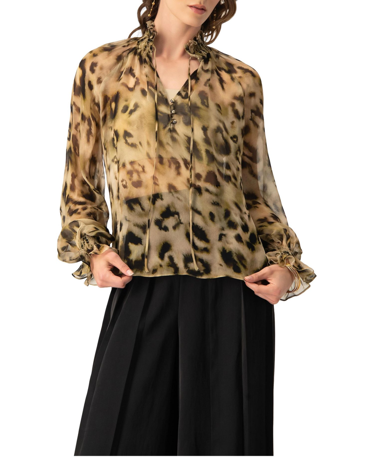 Women's Sheer Chiffon Tie-Neck Blouse in Abstract Animal Print