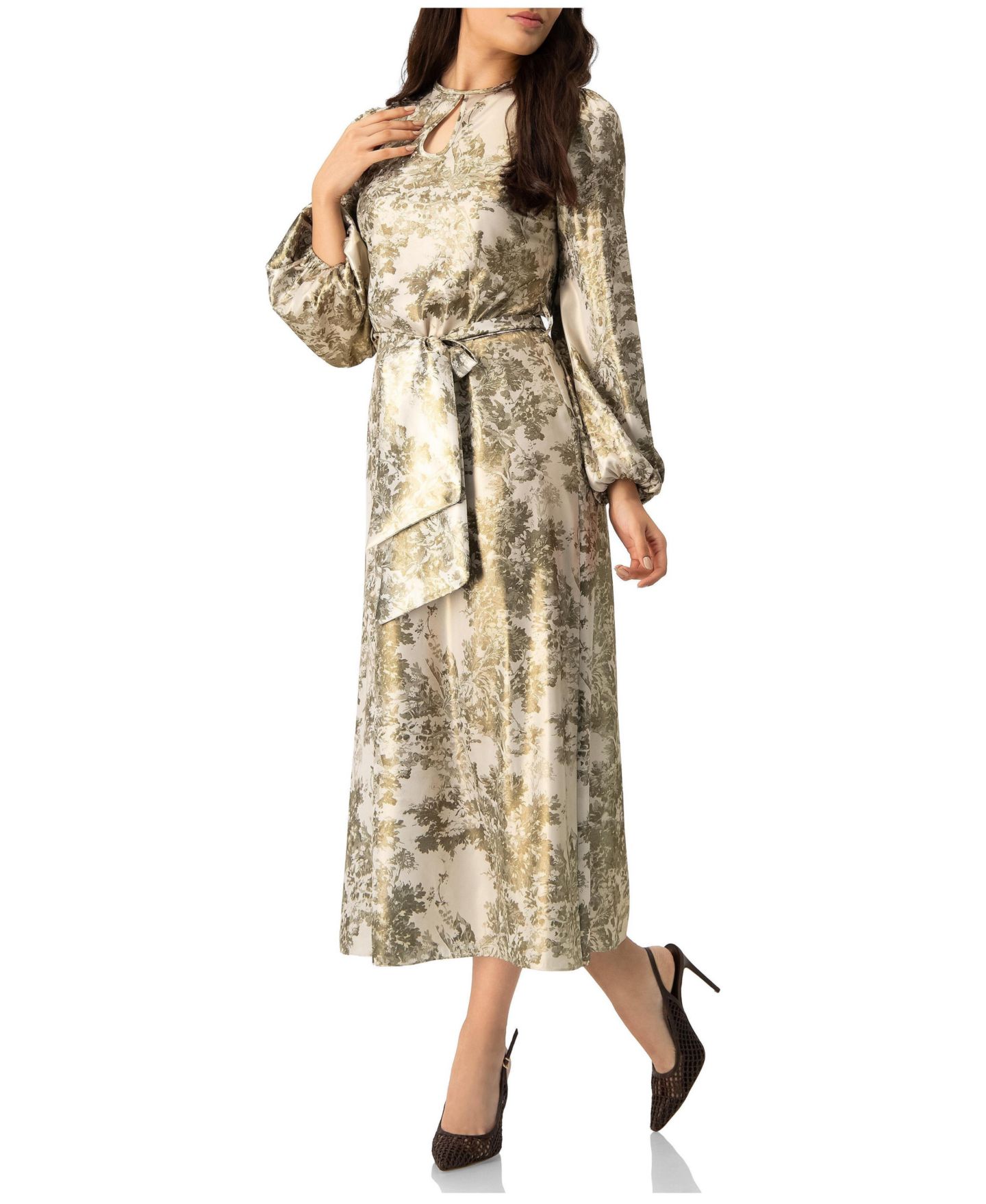 Женское платье Ivonne Botanical Print Satin, Long Sleeve Belted Keyhole Midi, цвет: Оливковый зелёный — фото 3