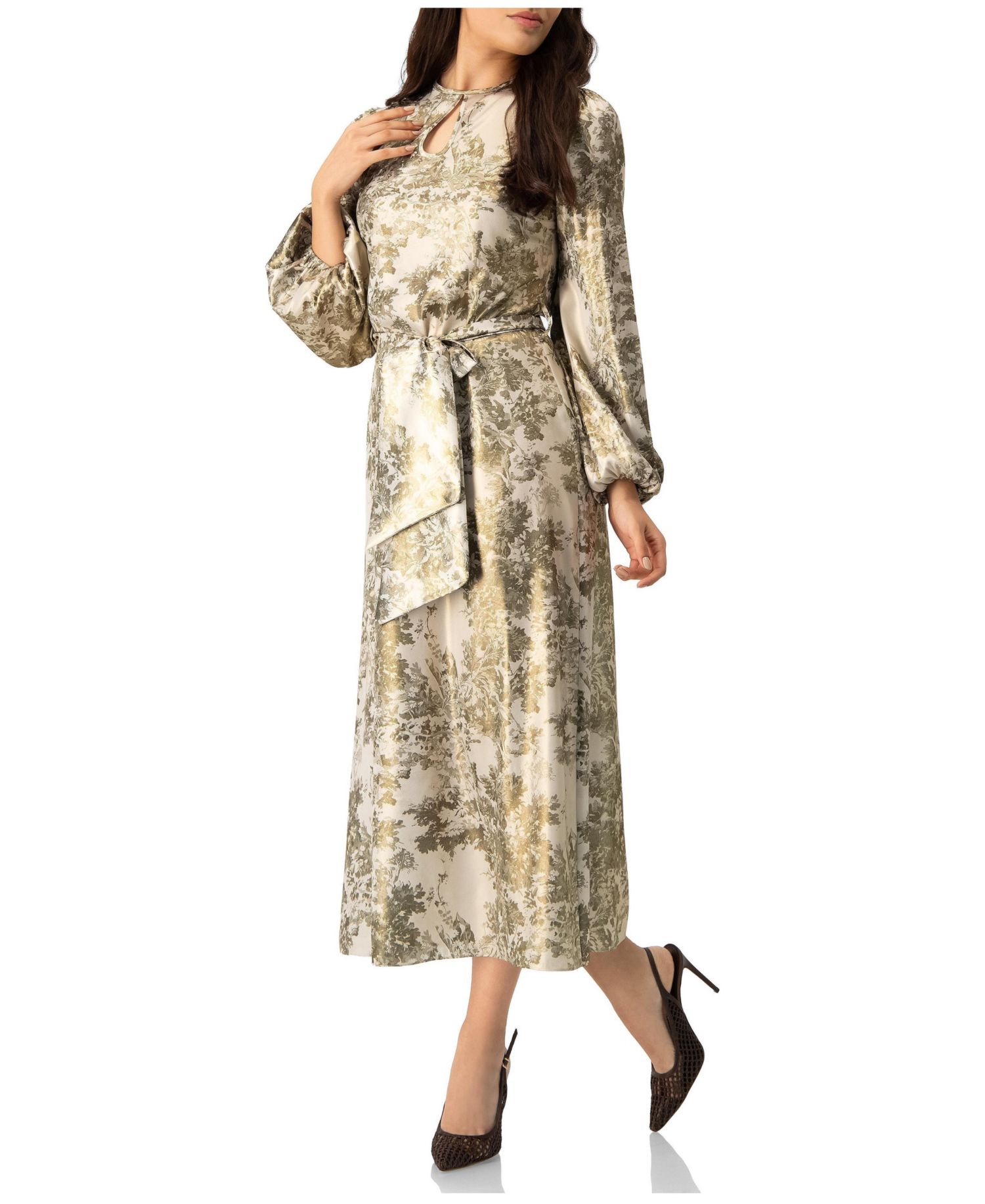 Women's Botanical Print Satin, Long Sleeve Belted Keyhole Midi Dress