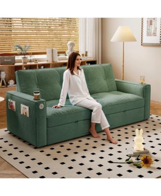 2-in-1 Convertible Sofa Bed with Corduroy Upholstery, Dual Armrest Cup Holders and Side Storage