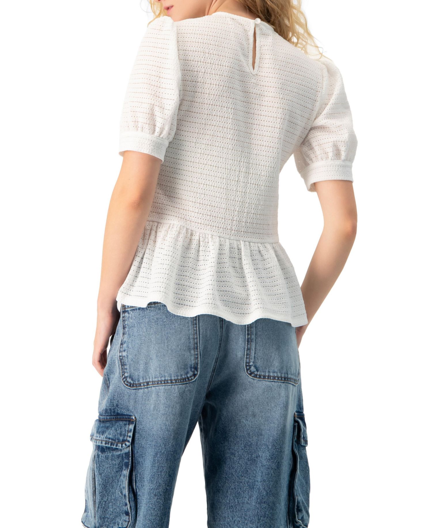 Women's Tonal Stripe Textured See-Through Peplum Short-Sleeve Blouse