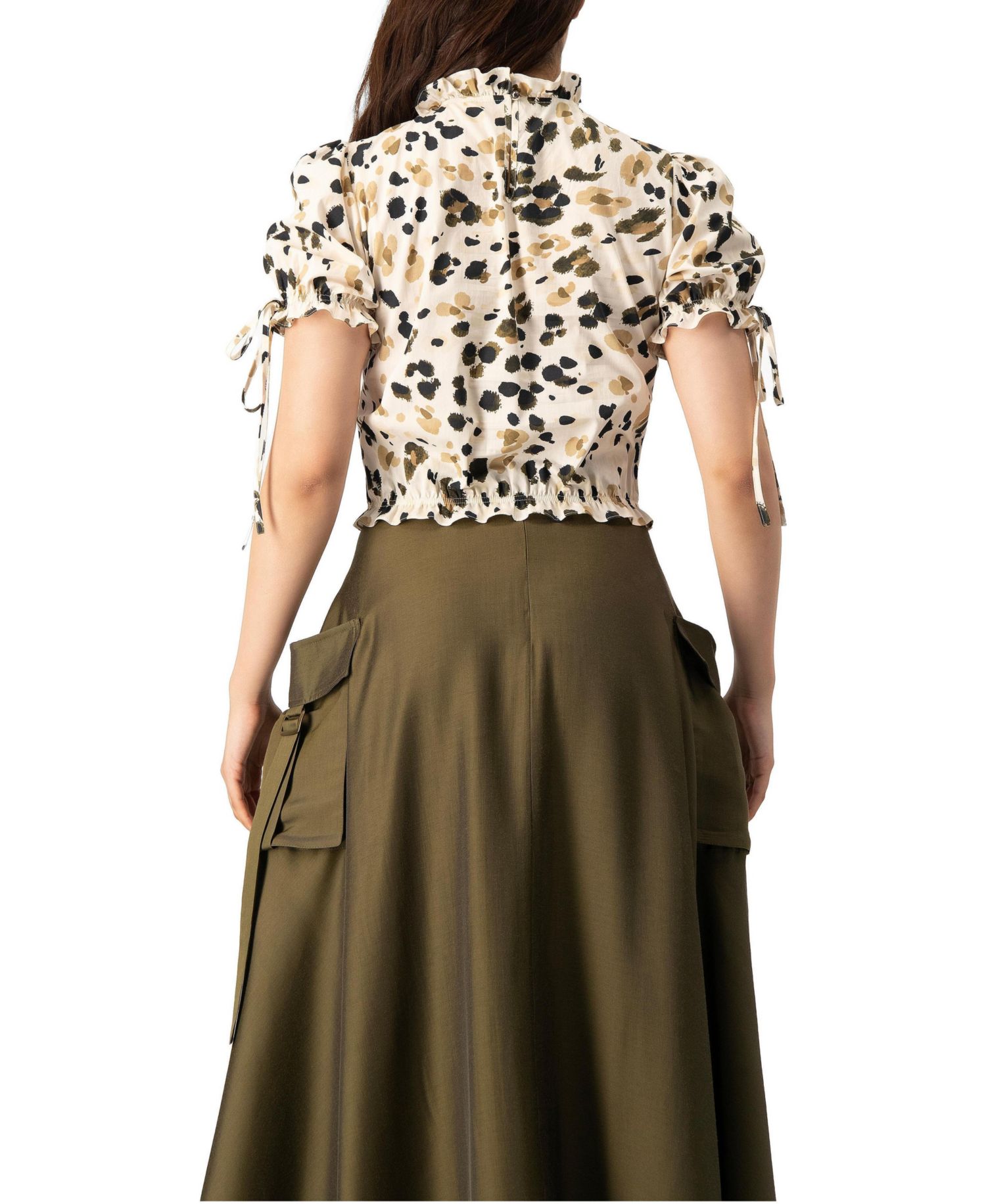 Women's Abstract Animal Print Crop Blouse, Puff Sleeve Ruffle Neck Top