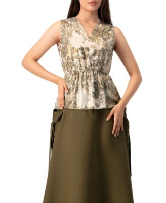 Women's Sleeveless Peplum Blouse in Abstract Botanical Print Top