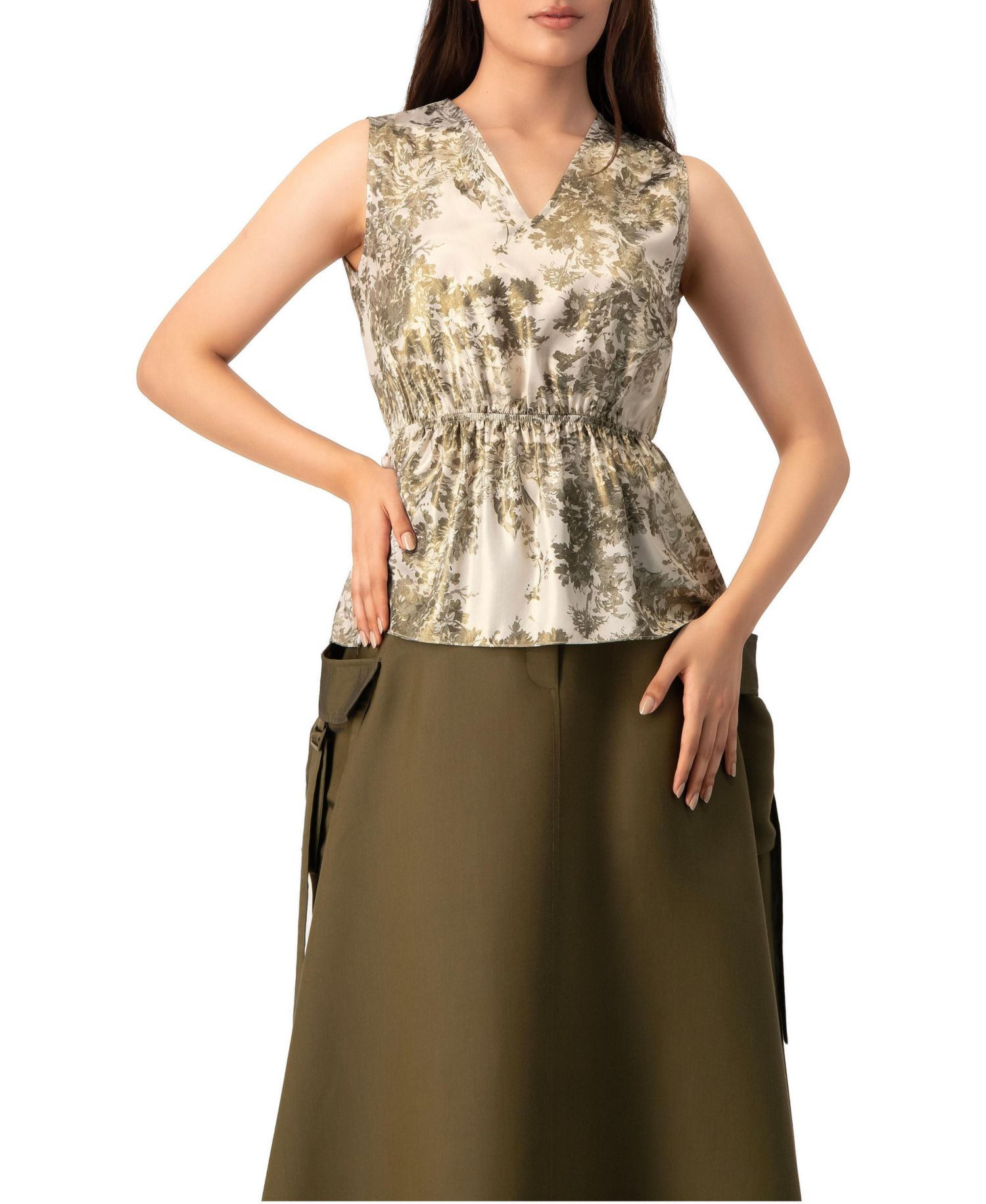 Women's Sleeveless Peplum Blouse in Abstract Botanical Print Top